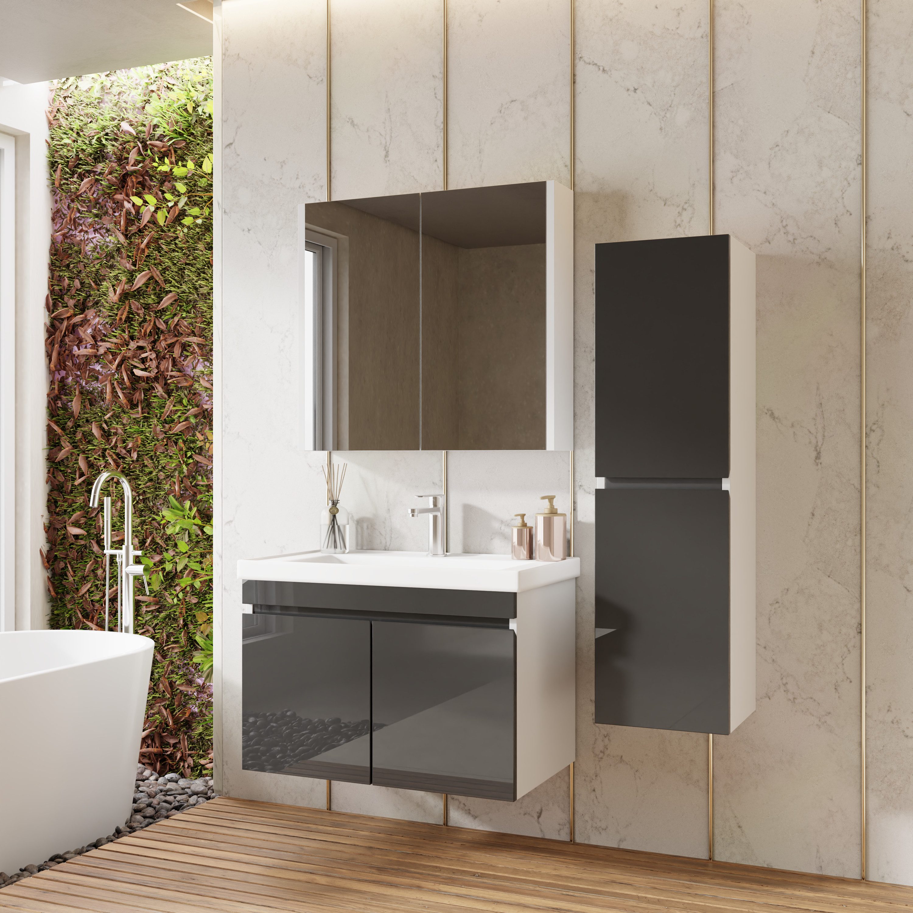 Karen Badmöbel-Set Badmöbel Set Venus Anthrazit, (Komplett-Set, Standartmäßig 3-Teilig (Unterschrank, Spiegelschrank, Waschbecken), Optionaler Hochschrank, 3-St., Unterschrank mit Türen, Spiegelschrank mit Türen & Regalen), Futuristisches Design, Highgloss-Beschichtung, Softclose, Griffleisten