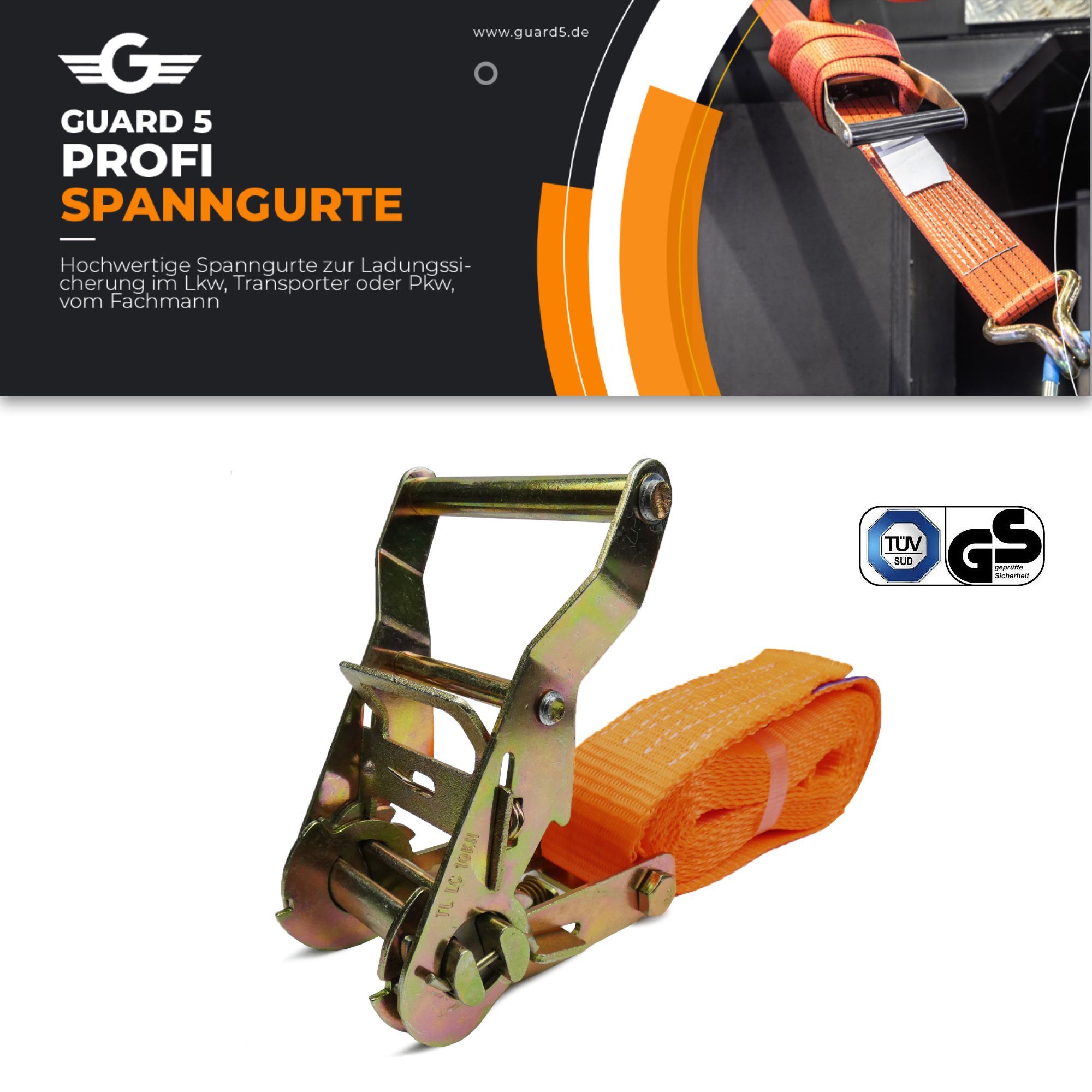 GUARD 5 Spanngurt 4 Stück Spanngurte mit Ratsche /35mm x 6m - einteilig (Art.44-35x6m) (4-St) Transportsicherung von Gegenständen