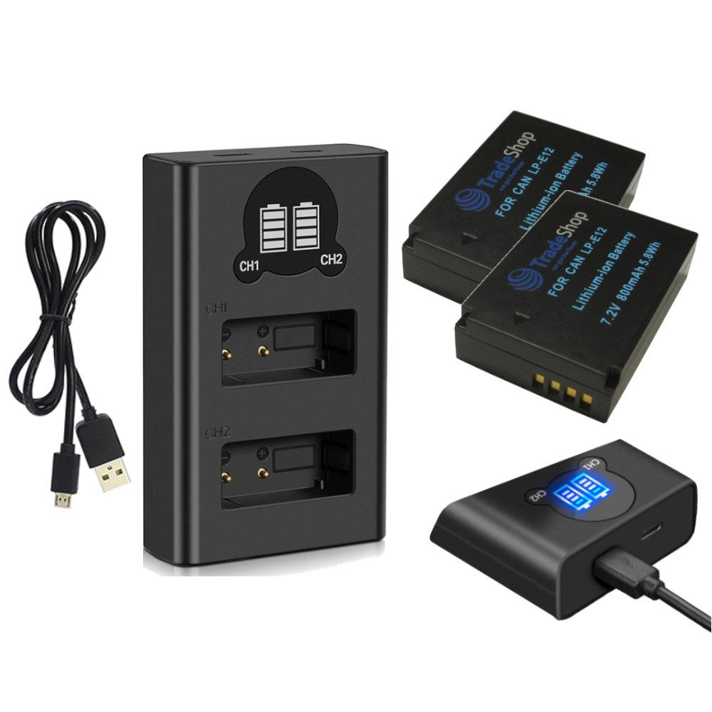 Trade-Shop 3in1 Set passend für Canon EOS 100D M M2 M10 M50 M100 Ladegerät + 2x Kamera-Akku Li-Ion 800 mAh (7,4 V), Mit Micro-USB und USB-C