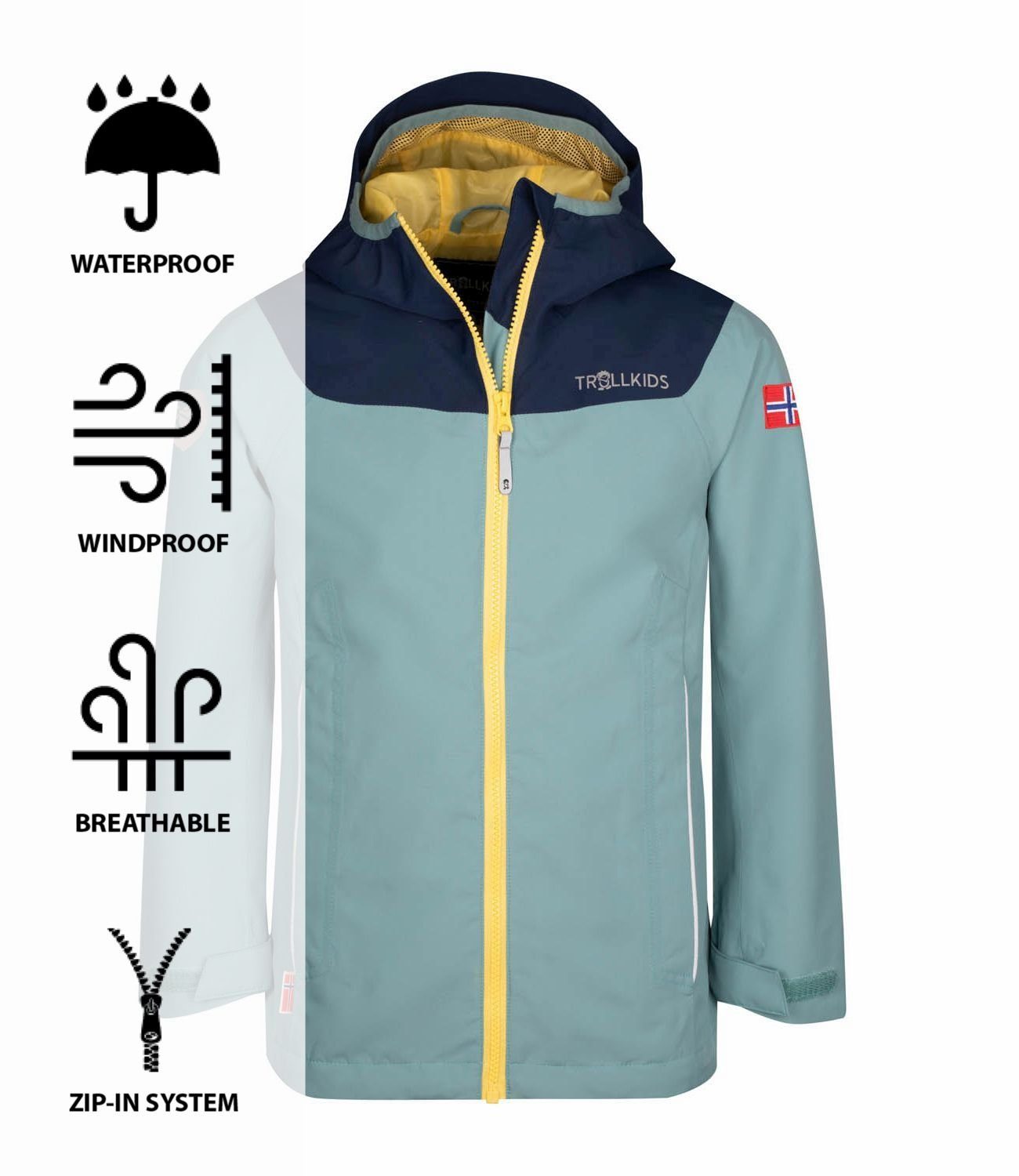 Regenjacke Bergen Wasserdicht Gletschergrün/Marineblau TROLLKIDS