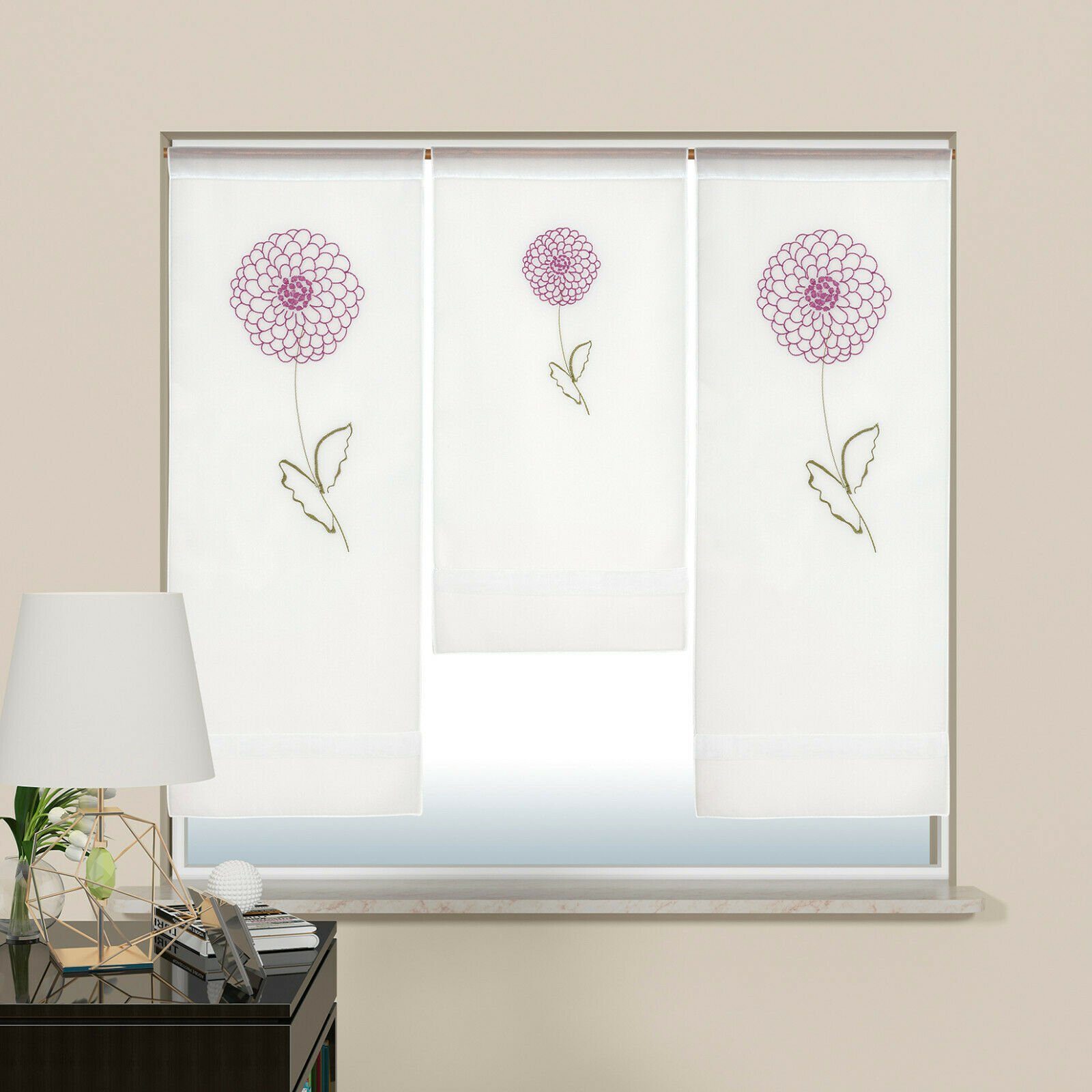 4043, Voile, Clever-Kauf-24, Design Mini Blumen, bestickt mit Flächenvorhang St), Stangendurchzug 3-teilig, Set, transparent (3 Scheibengardine