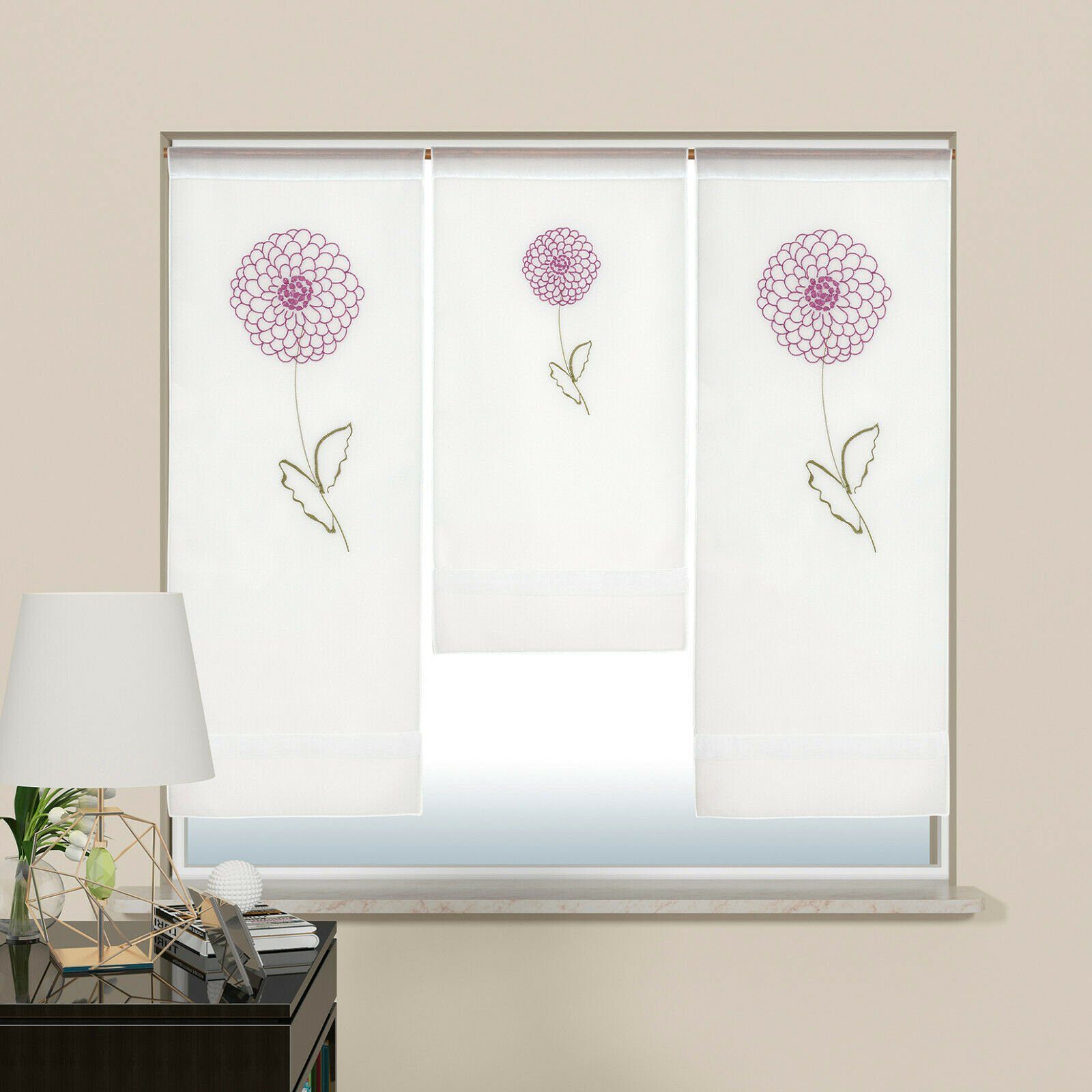 Scheibengardine Design Mini (3 bestickt 3-teilig, 4043, Stangendurchzug Flächenvorhang Set, Clever-Kauf-24, St), transparent Voile, mit Blumen