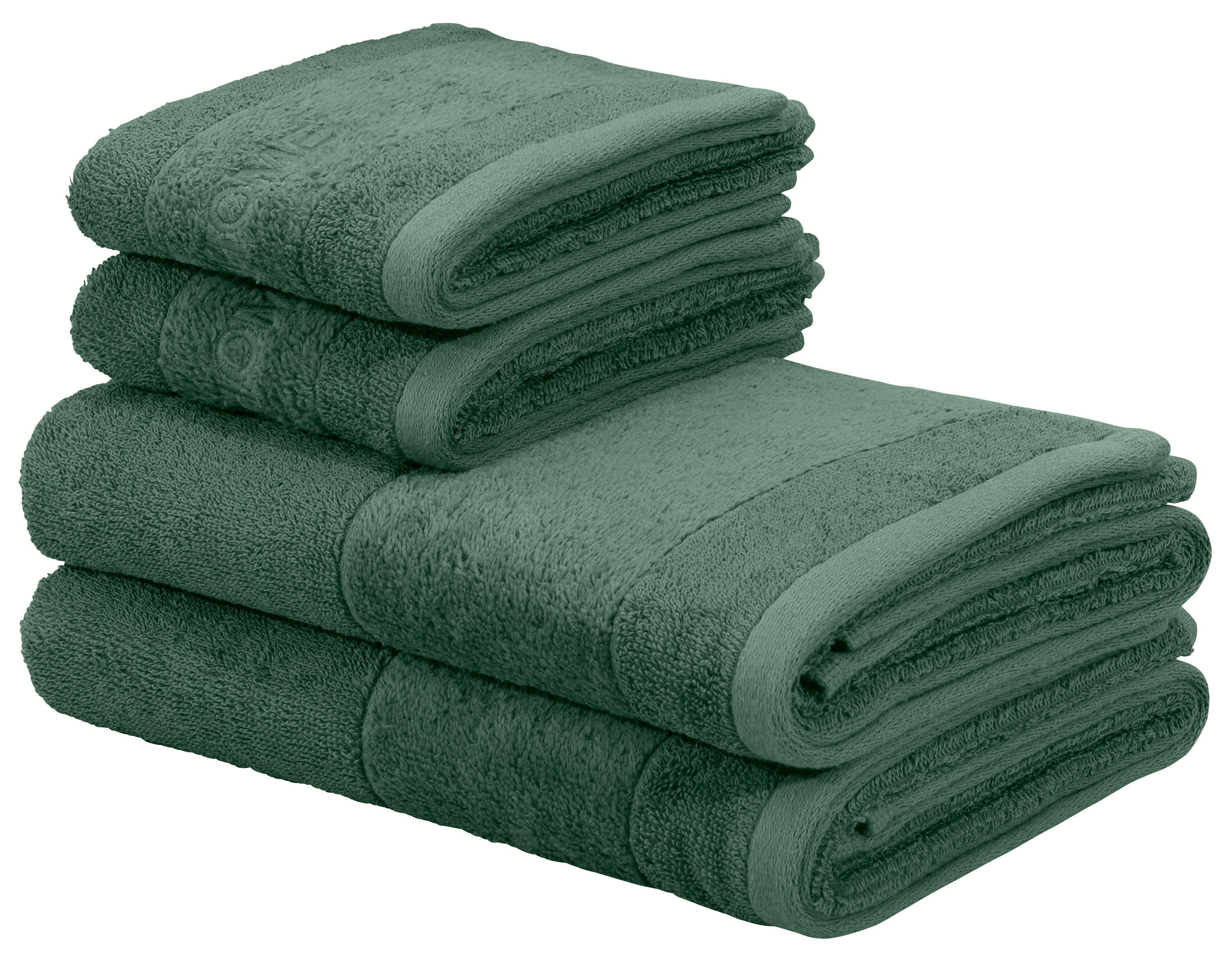 my home Handtuch Set »Aiden«, Handtücher mit Markenlogo Stickerei in der Bordüre, Frottier, (Set, 4-tlg), 2 Gästehandtücher, 2 Handtücher, aus 100% Baumwolle dunkelgrün