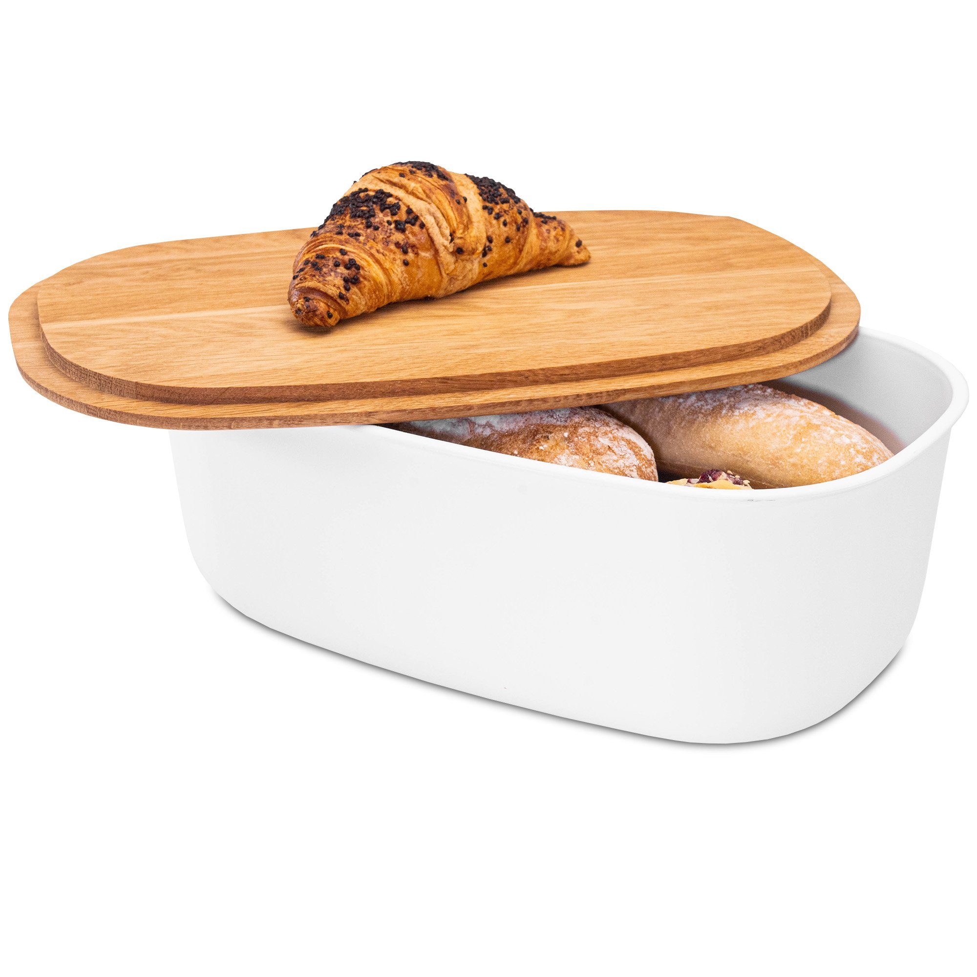 KONZEPT Brotkasten Brotkasten mit Schneidebrett aus Holz 2in1 Brotbox, Groß, BPA-frei, europäische Produktion Weiß