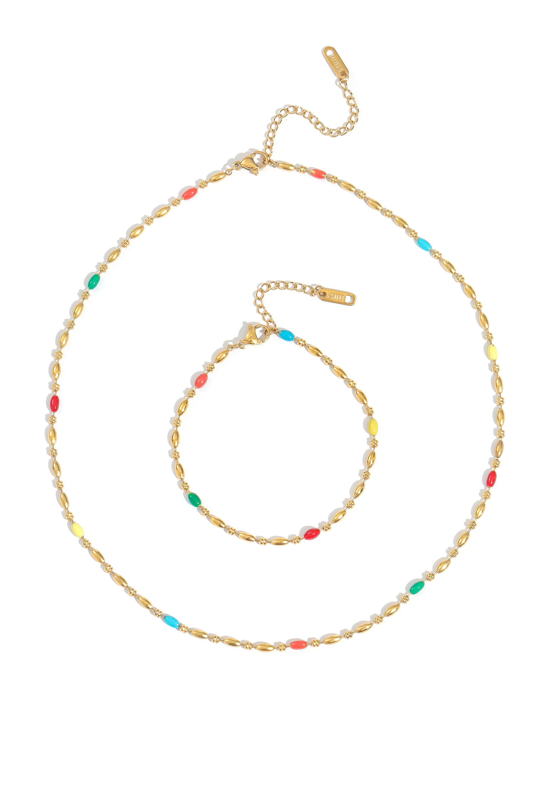 GOLDKLEIN Ketten und Armband Set Edelstahl Perlen-Set Viva Colors Schmuck Halskette Armband, Damen, inkl. Geschenkbox