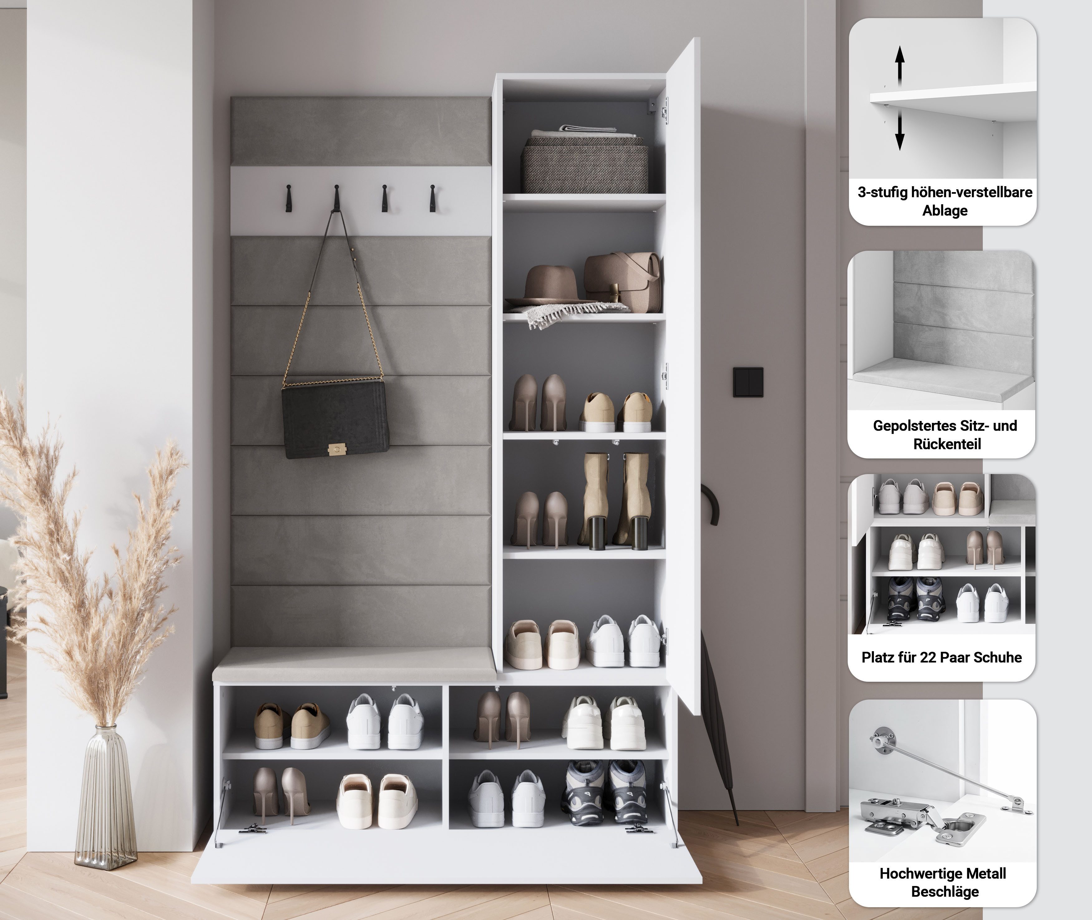 Home affaire Garderoben-Set TEJO II, (Komplett-Set, 1-St), Mit Spiegel, gepolsterte Sitzbank, Türanschlag links/rechts wechselbar