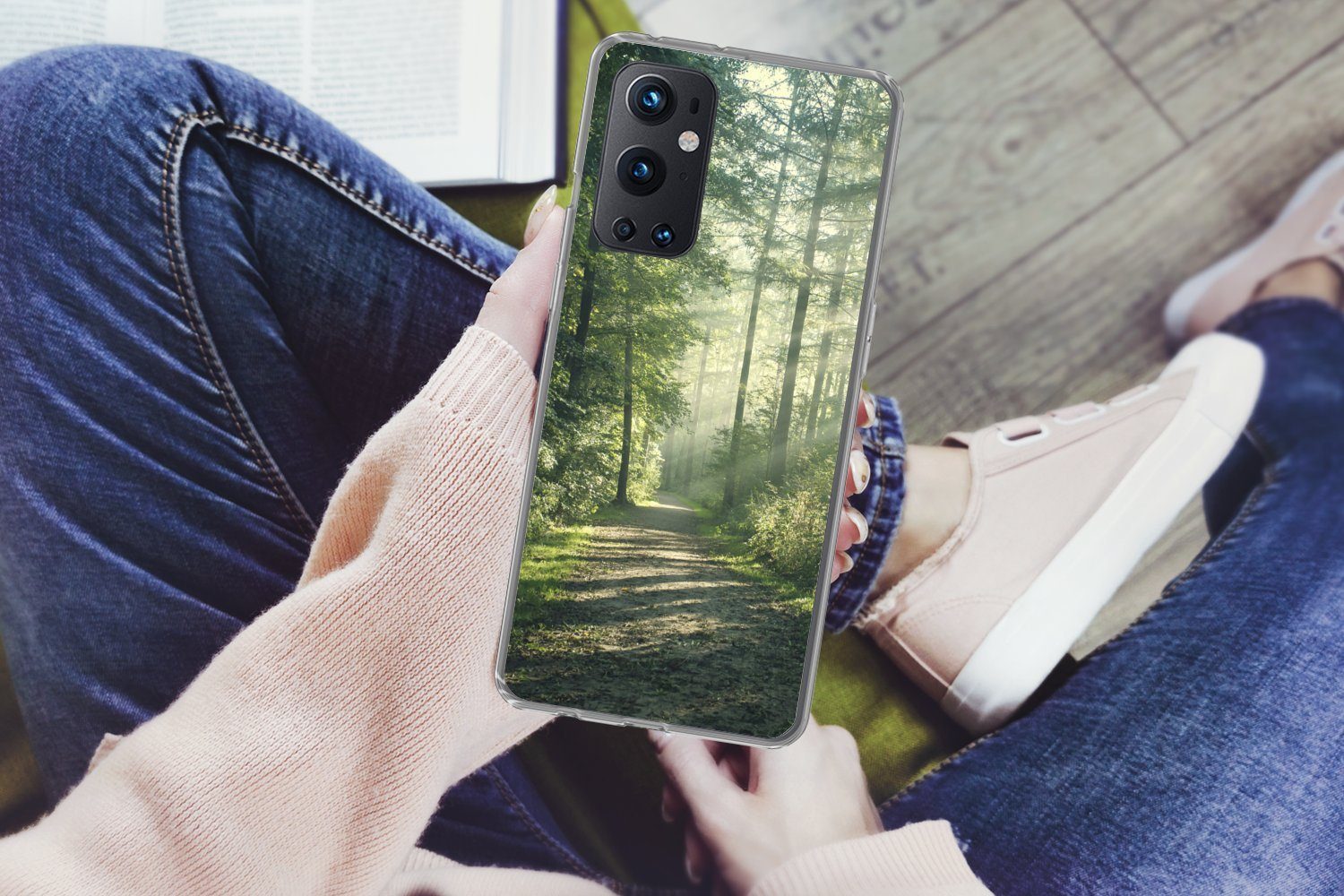 MuchoWow Handyhülle für OnePlus 9 Pro Wald - Weg - Sonne - Bäume - Grün - Natur, Phone Case, Silikon, Schutzhülle Dünn