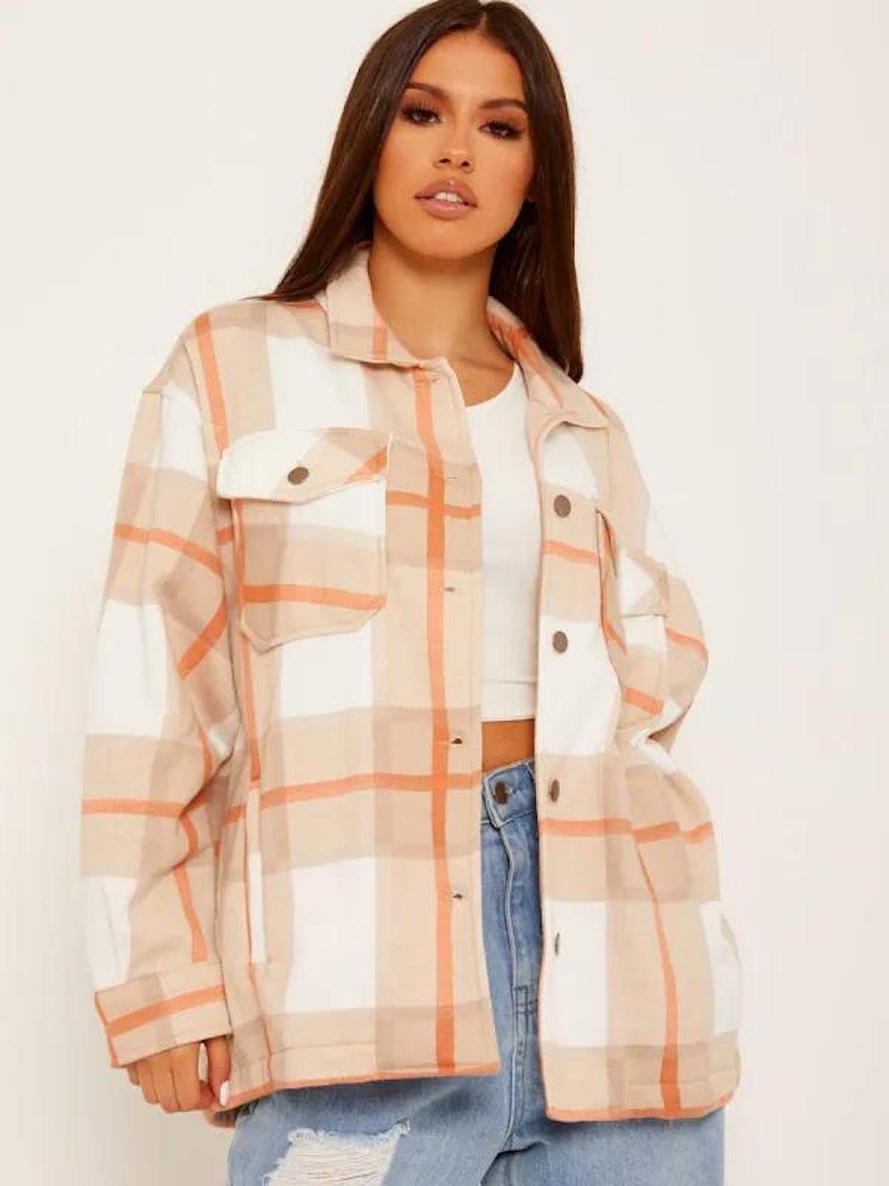 Hemd Karo Oversized Hemdjacke Beige Worldclassca Holzfällerhemd Flanellbluse Kariert Worldclassca