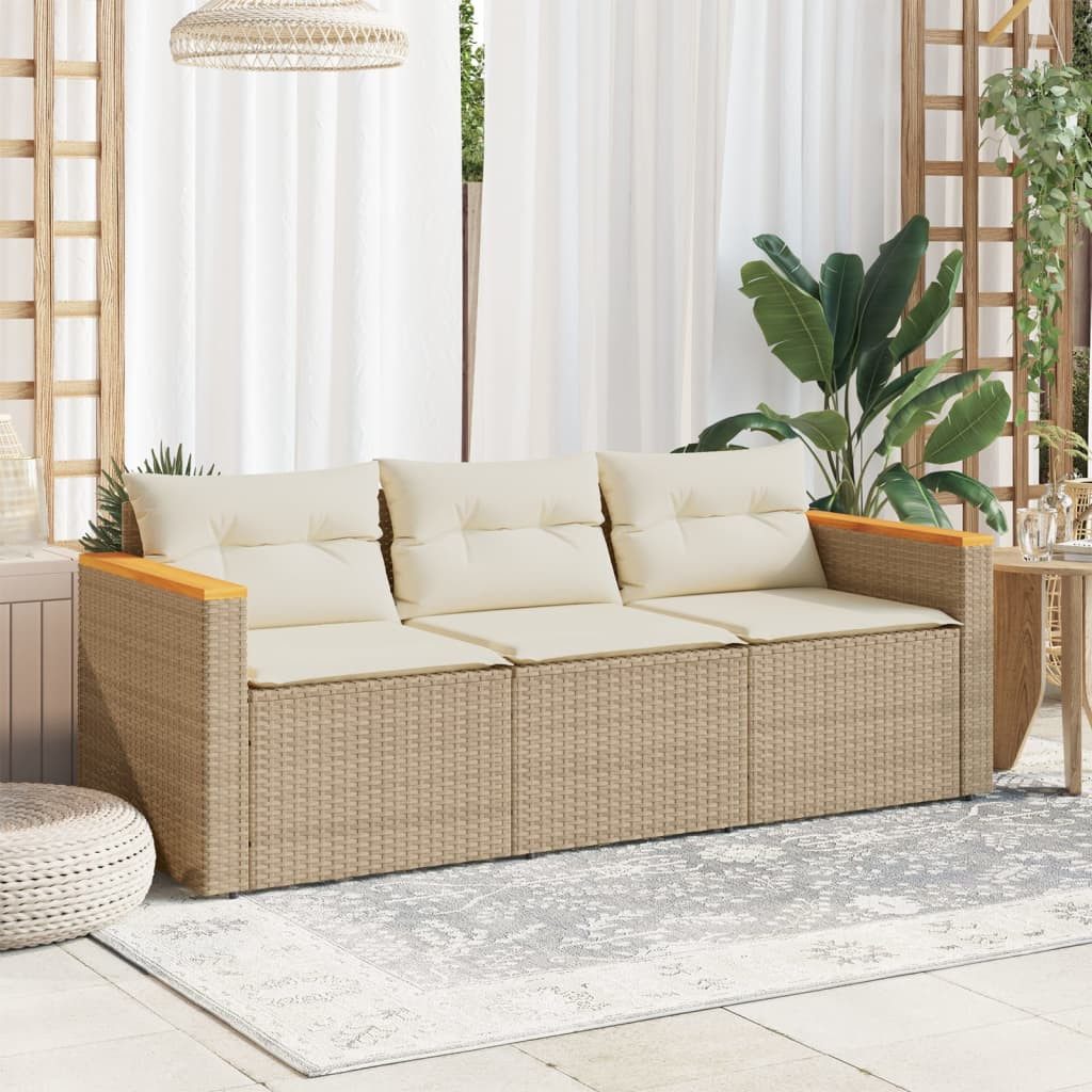 vidaXL Loungesofa Gartensofa mit Kissen 3-Sitzer Beige Poly Rattan, 1 Teile günstig online kaufen