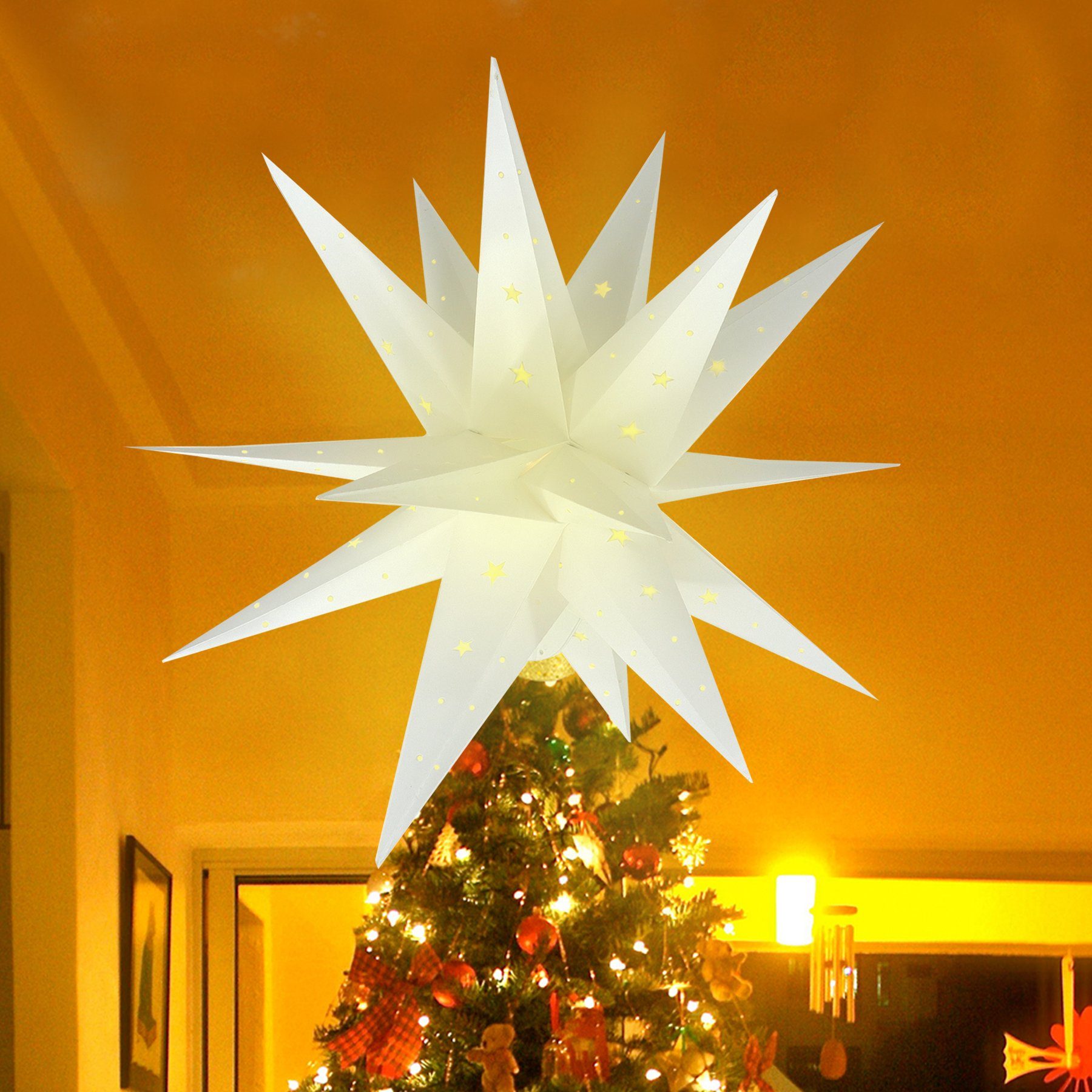 CALIYO Christbaumspitze 3D Weihnachtsstern Beleuchtet Außen Batterie, 58CM Led Leuchtstern, Stern for ​Dekorieren Weihnachtsbaum, Innenhof, Balkon Und Garten Weiss