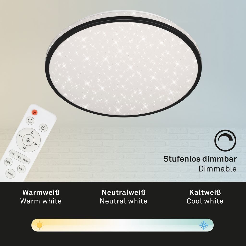 Briloner Leuchten LED Deckenleuchte 3447-115, Dimmfunktion, LED fest integriert, 2700K - Extra-Warmweiß, Sternenhimmeleffekt, CCT dimmbar, Fernbedienung, schwarz