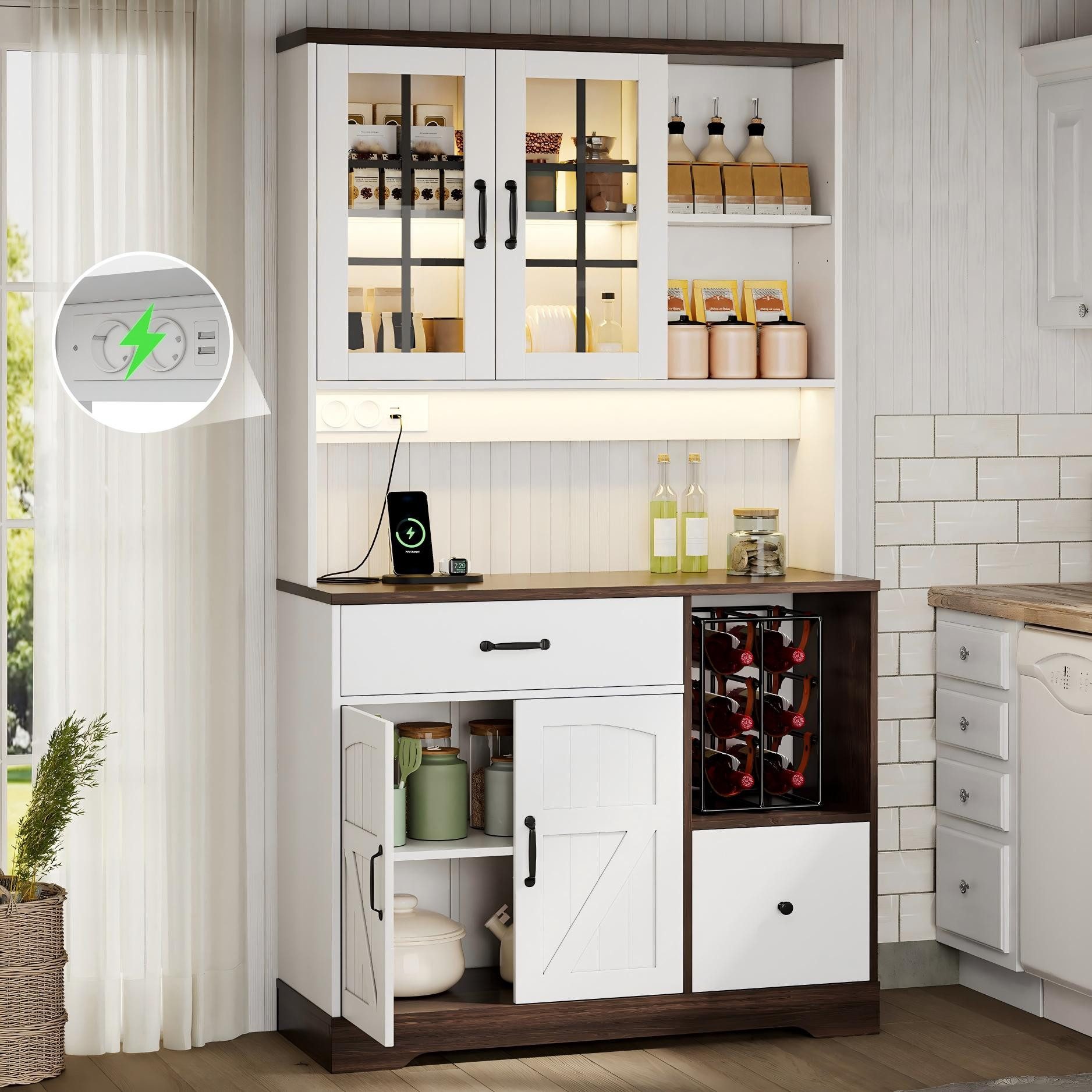 Flieks Küchenbuffet mit Arbeitsplatte in Walnussholzfarbe, Steckdosen und LED-Beleuchtung (1-St., B105/T40/H185 cm) Hochschrank mit Glastüren, Schubladen und verstellbaren Einlegeböden
