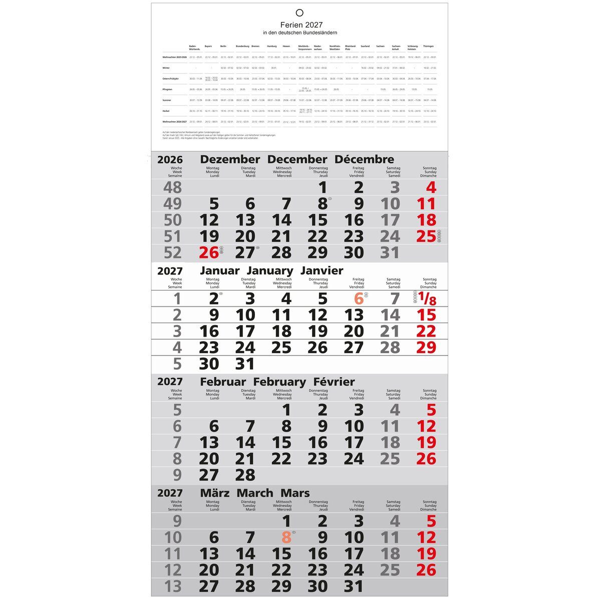 GÜSS Kalender Wandkalender 4-Monatskalender 30x60cm 2027
