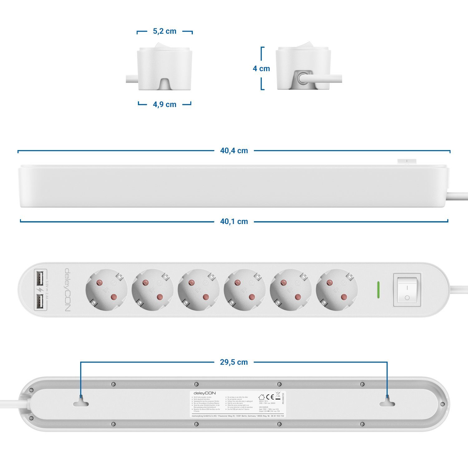 Steckdosenleiste 6 EIN/AUS & mit deleyCON USB Weiß Fach Steckdosenleiste 1,5m deleyCON Schalter