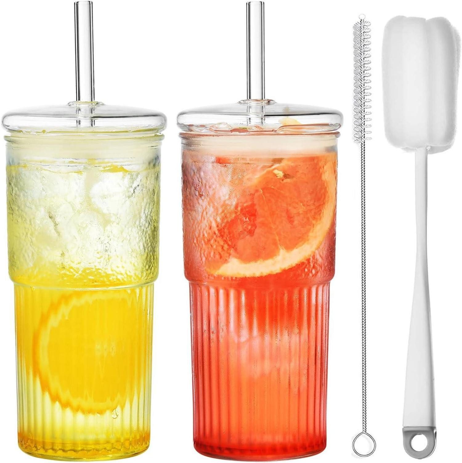 Tumbler-Glas 570ML Bubble Tea Glasbecher mit Deckel und Strohhalm 2er Pack