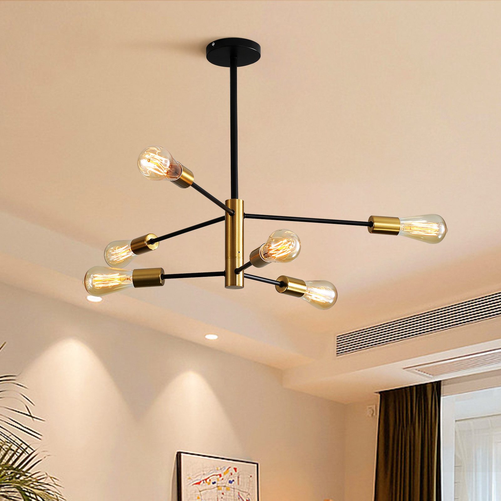 Riserva Deckenleuchten Pendelleuchte 6-flammig E27 Schwarz Gold Retro Deckenlampe