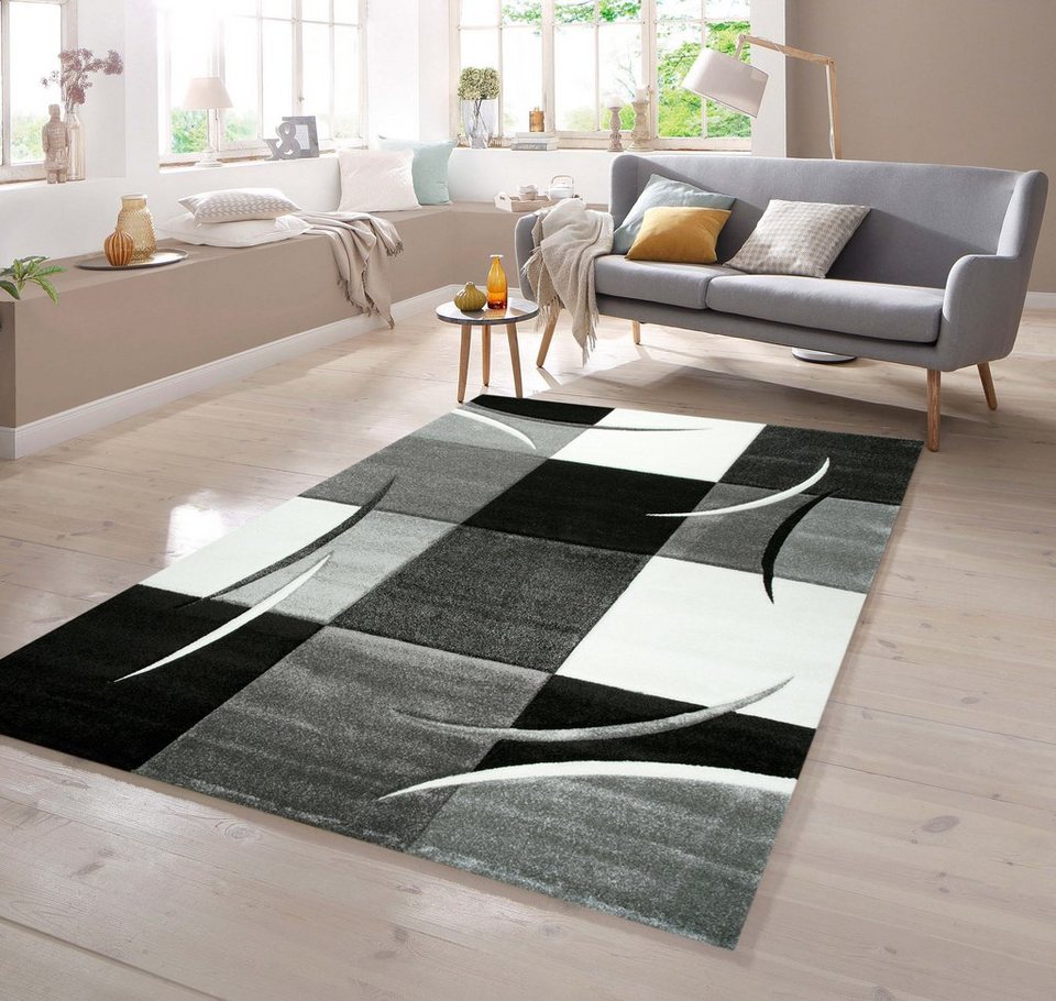 Teppich Designer Teppich mit Konturenschnitt Karo Muster Grau Weiss  Schwarz, TeppichHome24, rechteckig, Höhe: 13 mm