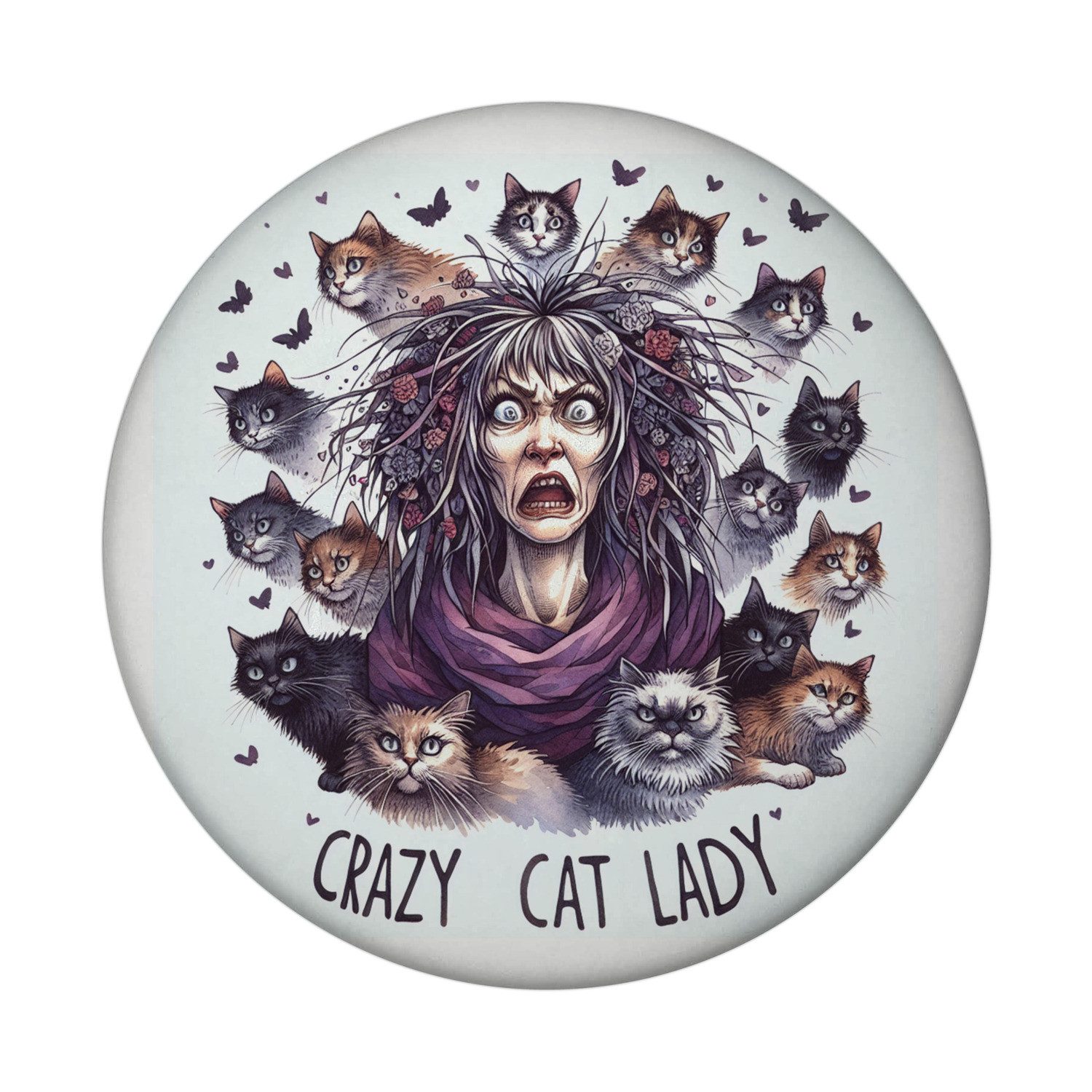 Magnet Katzenfrau Magnet mit Flaschenöffner rund mit Spruch Crazy Cat Lady