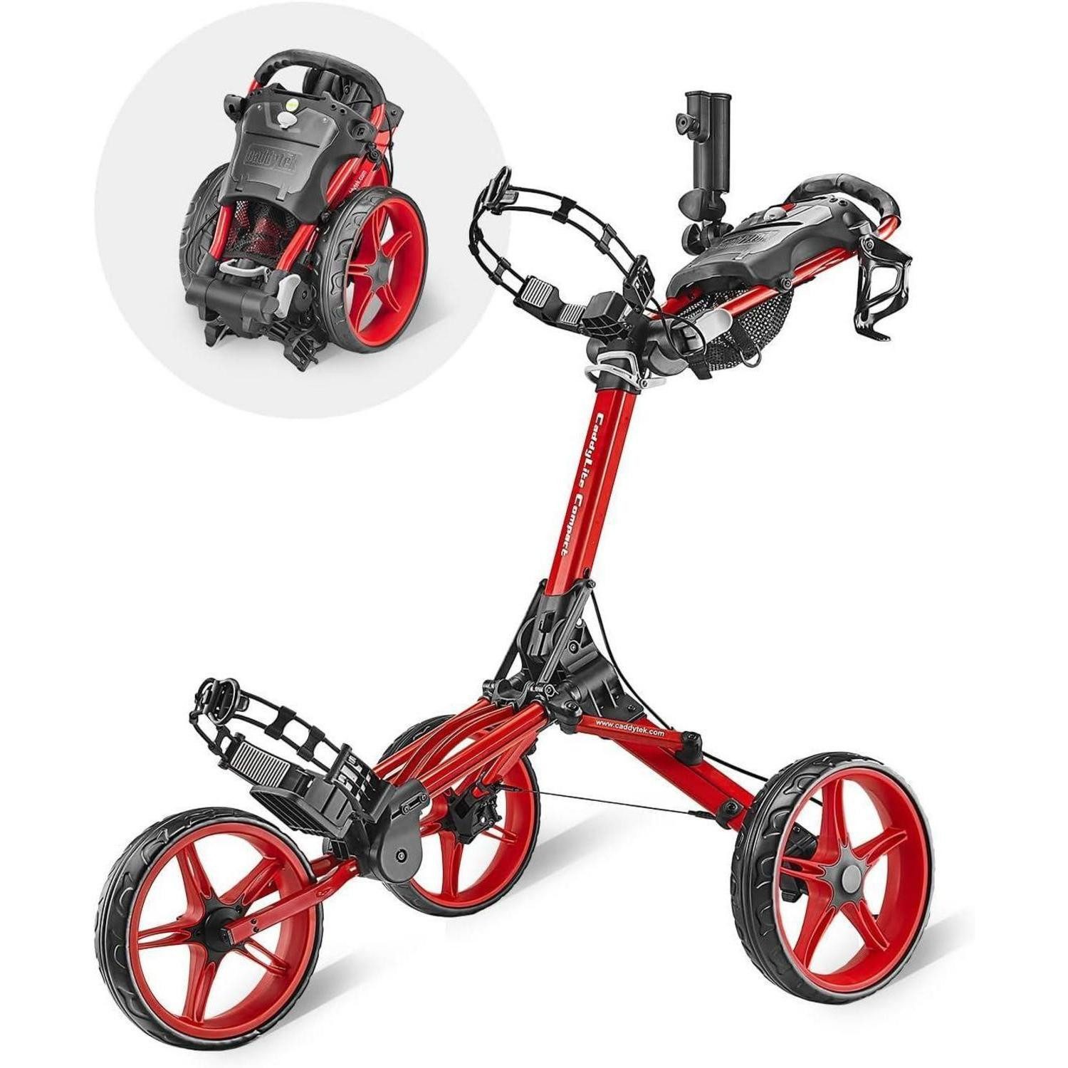 LuxusKollektion Golftrolley + Golfbag CaddyLite Compact Golf Push Cart rot Folding Unfolding