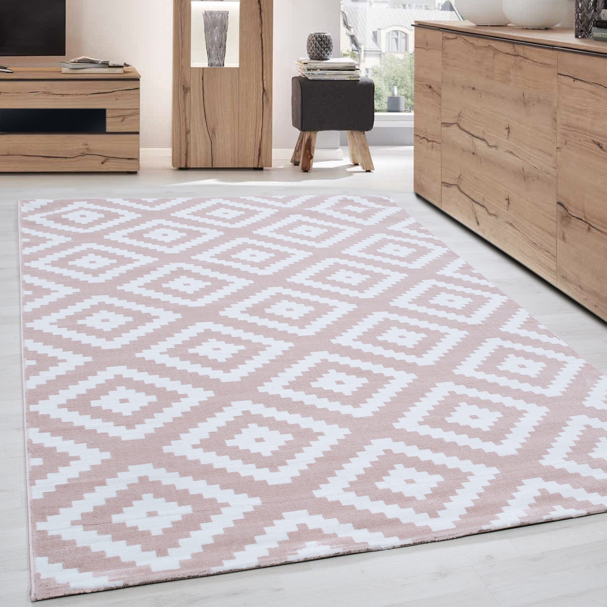 Designteppich Geometrisch Design, Carpettex, Rechteckig, Höhe: 6 mm, Modern Kurzflor Teppich Wohnzimmer Rauten Design Weiß-Pflegeleicht