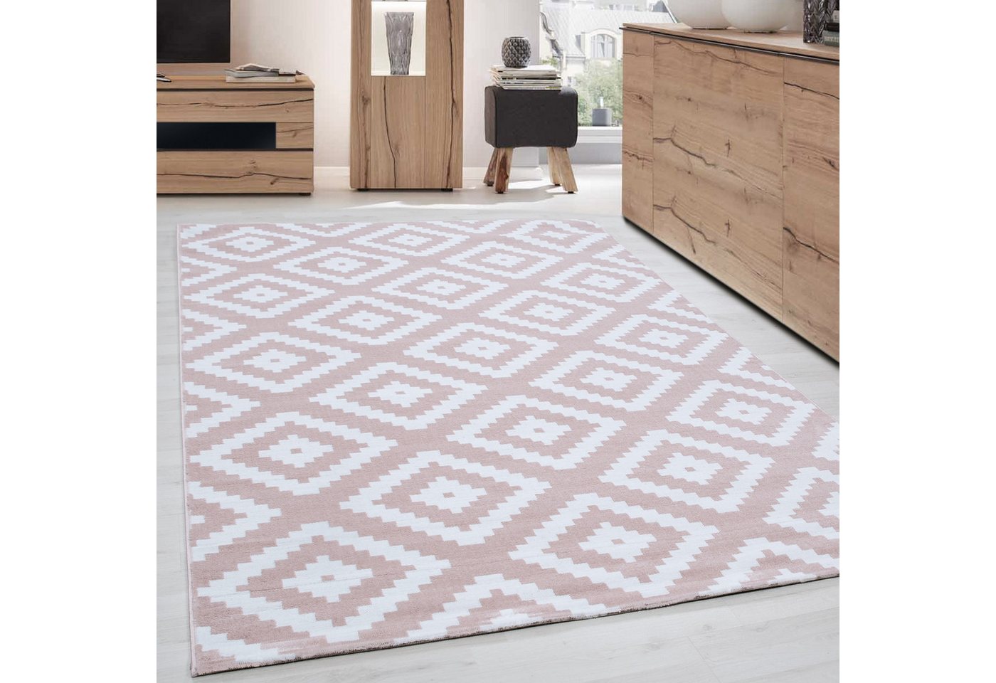 Carpettex Designteppich Geometrisch Design, Läufer, Höhe: 6 mm, Modern Kurzflor Teppich Wohnzimmer Rauten Design Weiß-Pflegeleicht