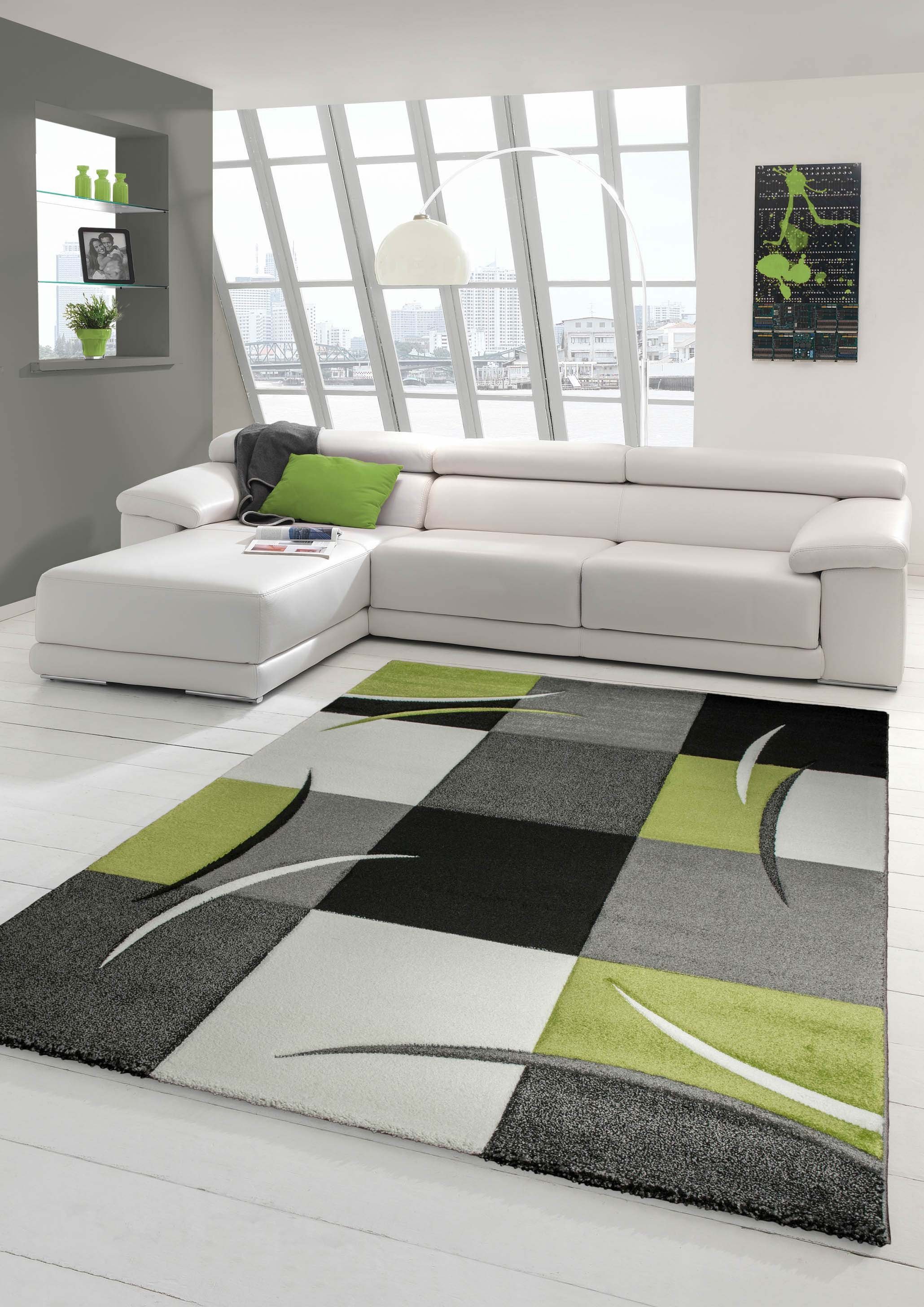 Teppich Designer Teppich Moderner Teppich Wohnzimmer Teppich Kurzflor Teppich mit Konturenschnitt Karo Muster Grün Grau Creme Schwarz, Teppich-Traum, rechteckig, Höhe: 13 mm