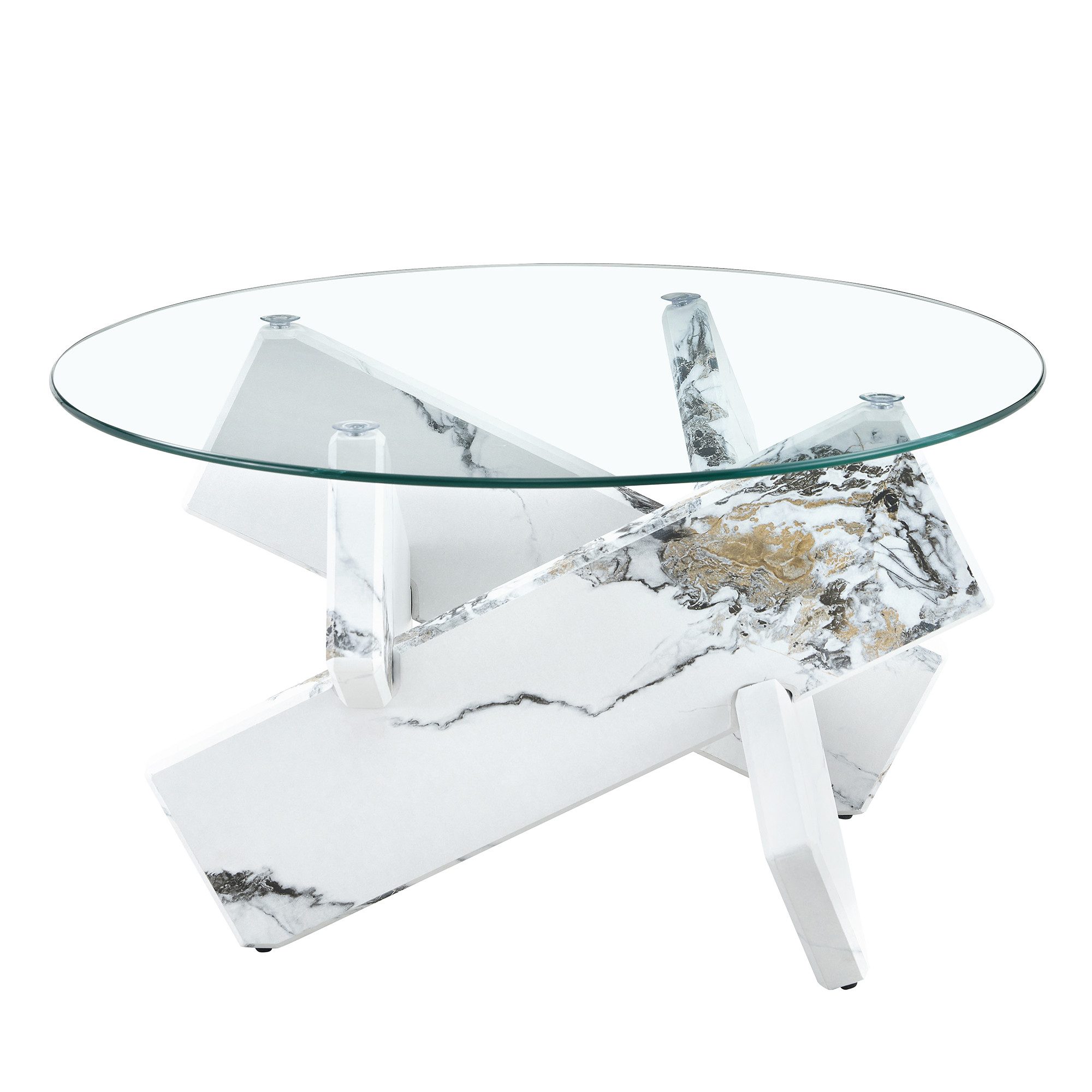 gopop Couchtisch Wohnzimmertisch aus MDF & Glas, Ø 79 cm, Stabiler Kreuzgestell (1-St), Ideal als Kaffeetisch, Dekotisch für Wohnzimmer & Leseecken