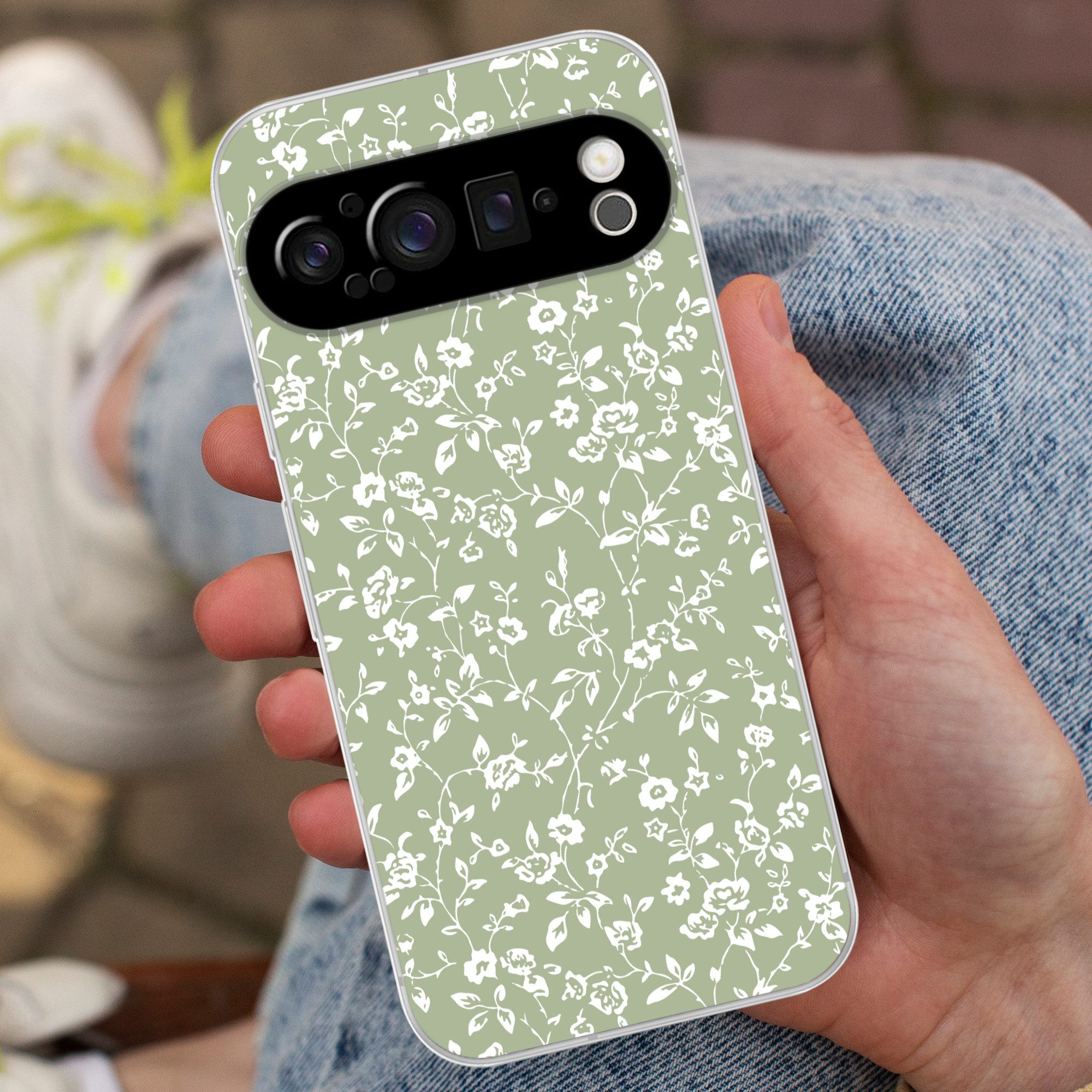 MuchoWow Handyhülle für Google Pixel 9 Pro Blumen - Druck - Grün - Weiß, Phone Case, Silikon, Schutzhülle Dünn