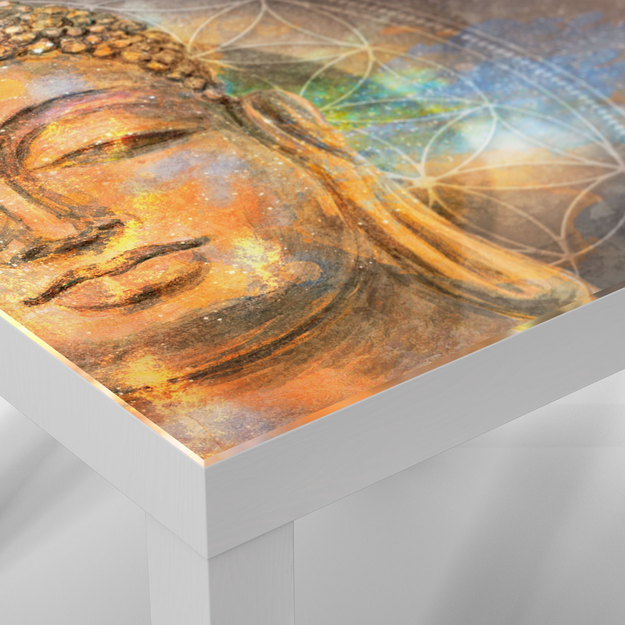 DEQORI Couchtisch 'Meditierender Buddha', modern Glas Weiß Glastisch Beistelltisch