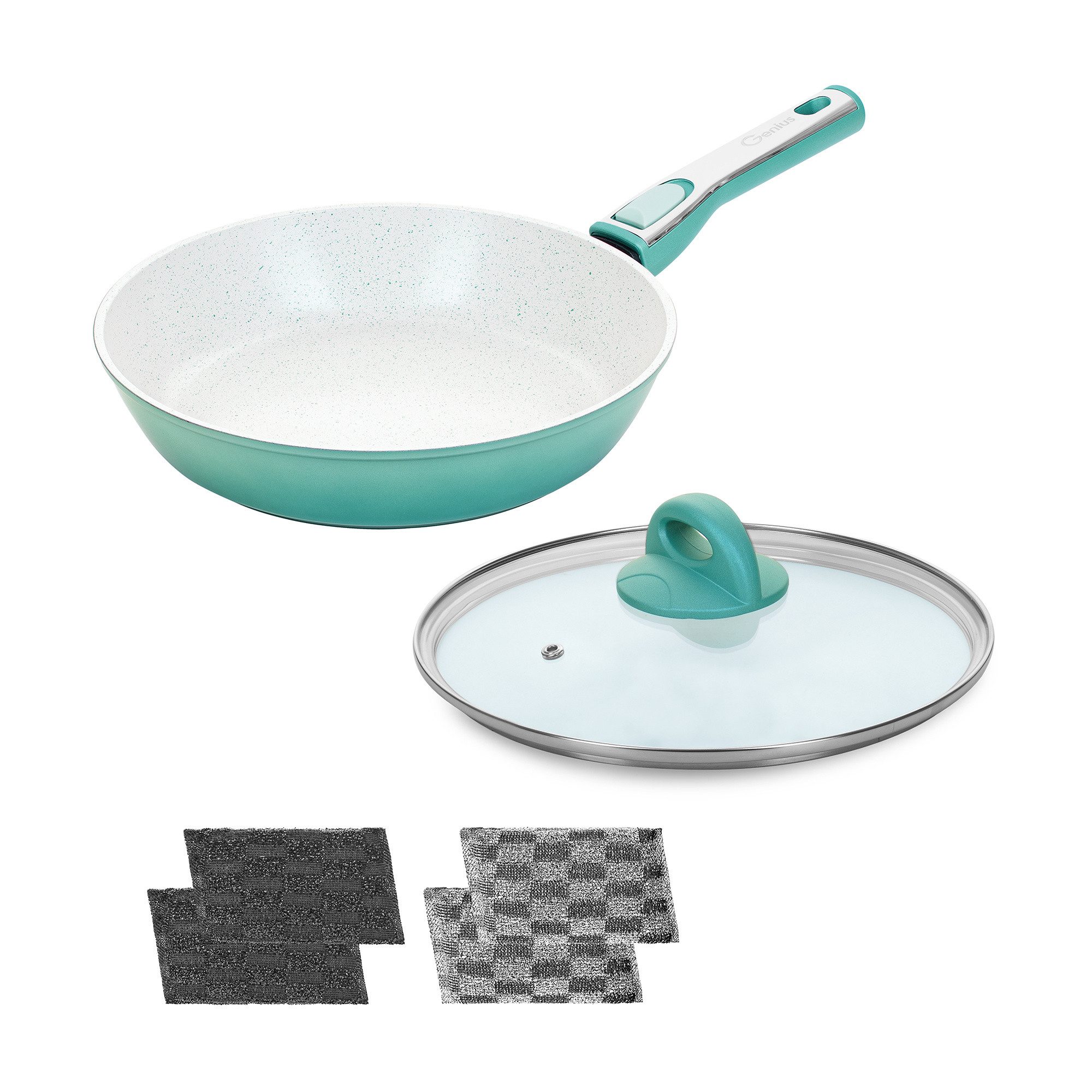 Genius Pfannen-Set Cerafit Revolution Pfanne Ø 28 cm (inkl. Clia Genie), Aluminium (Set 6-tlg., Pfanne, Deckel, Reinigungsschwämme), ThermoSpeed-Induktions-Technologie