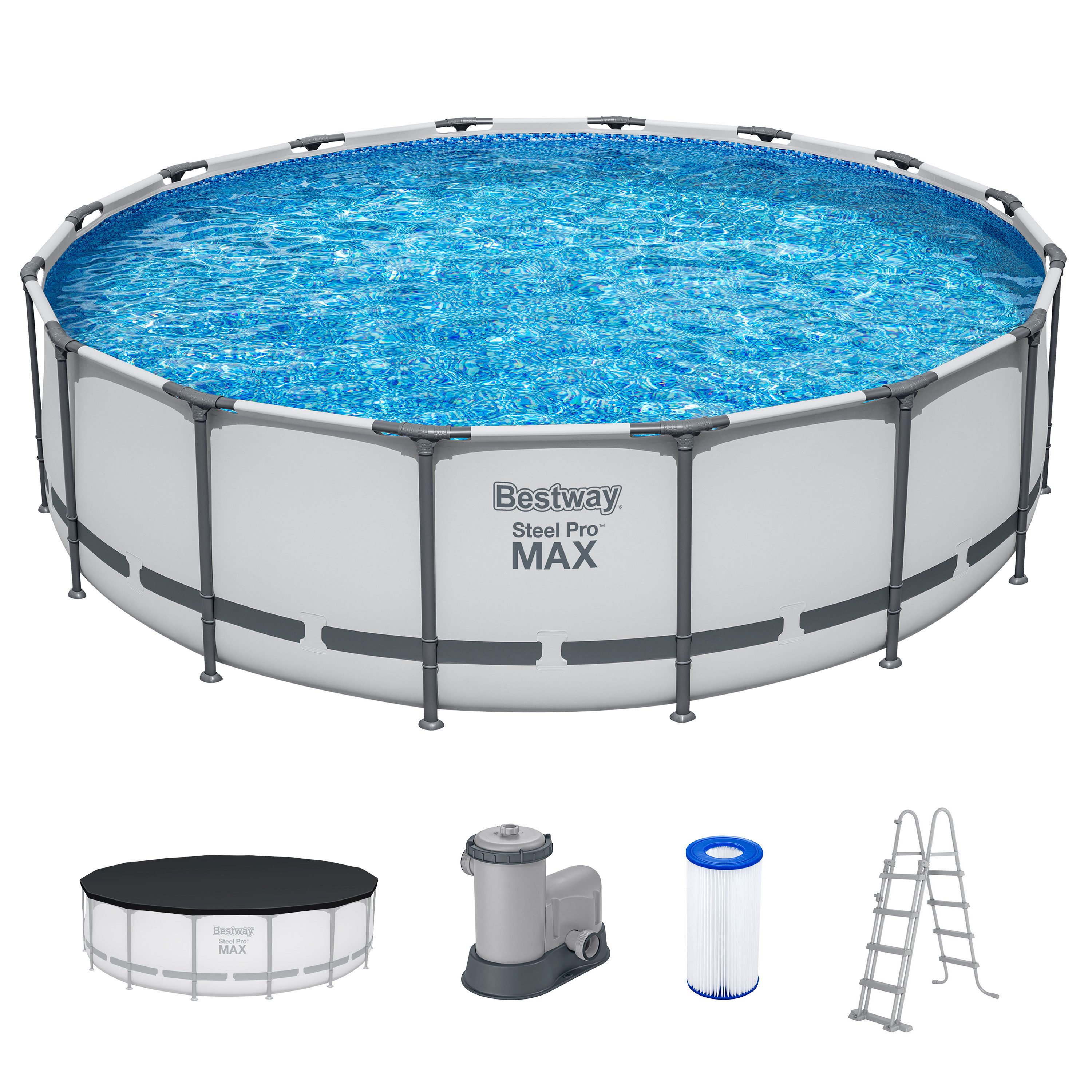 Bestway Framepool Steel Pro MAX™ (Set, mit Filterpumpe Ø 488 x 122 cm, lichtgrau, rund), Einfacher Aufbau ohne Werkzeug möglich