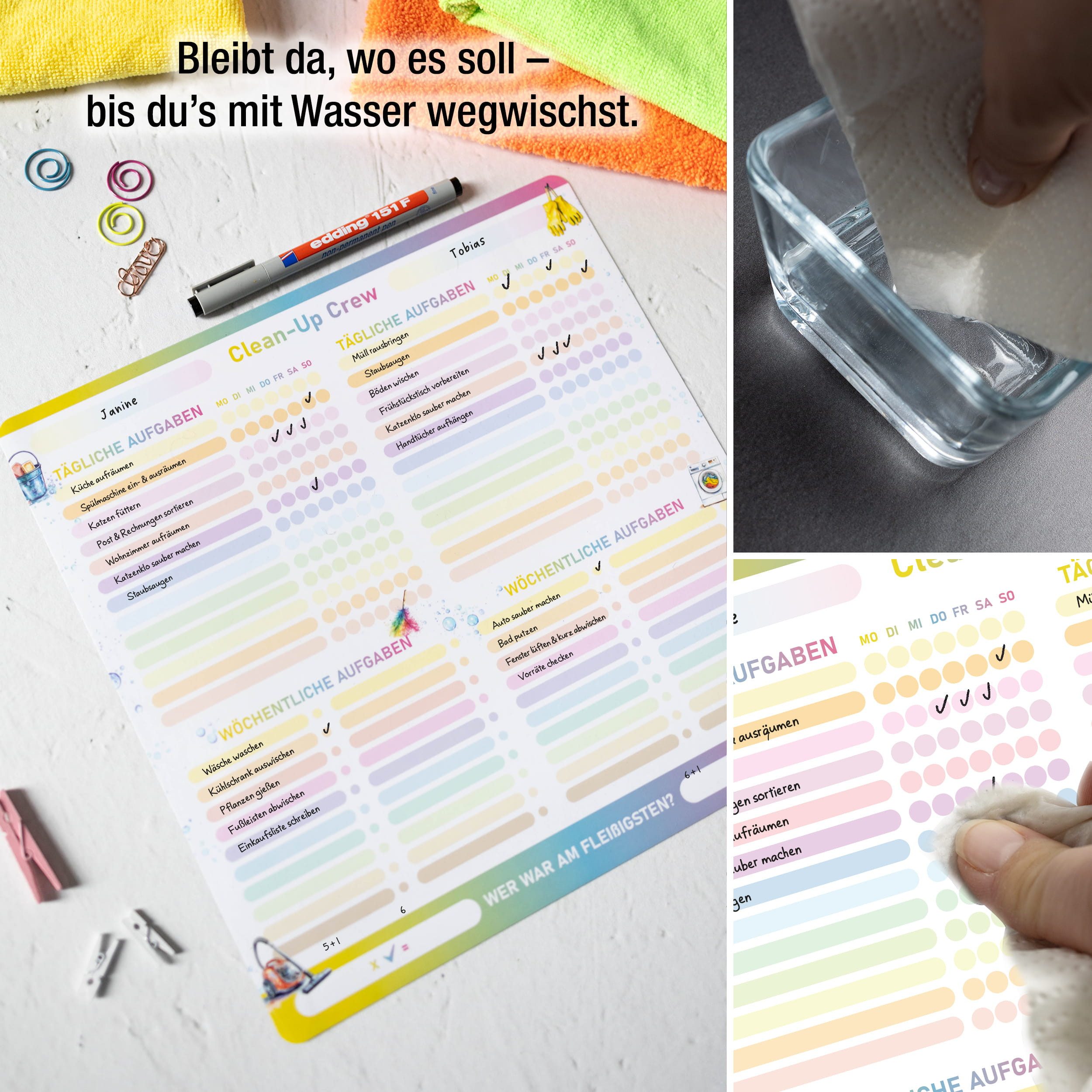 TOBJA Magnettafel Haushaltsplaner magnetisch 30x30 inkl. Stift, abwischbar, bunt, Putzplan für 2 Personen – Bild 5 von 5
