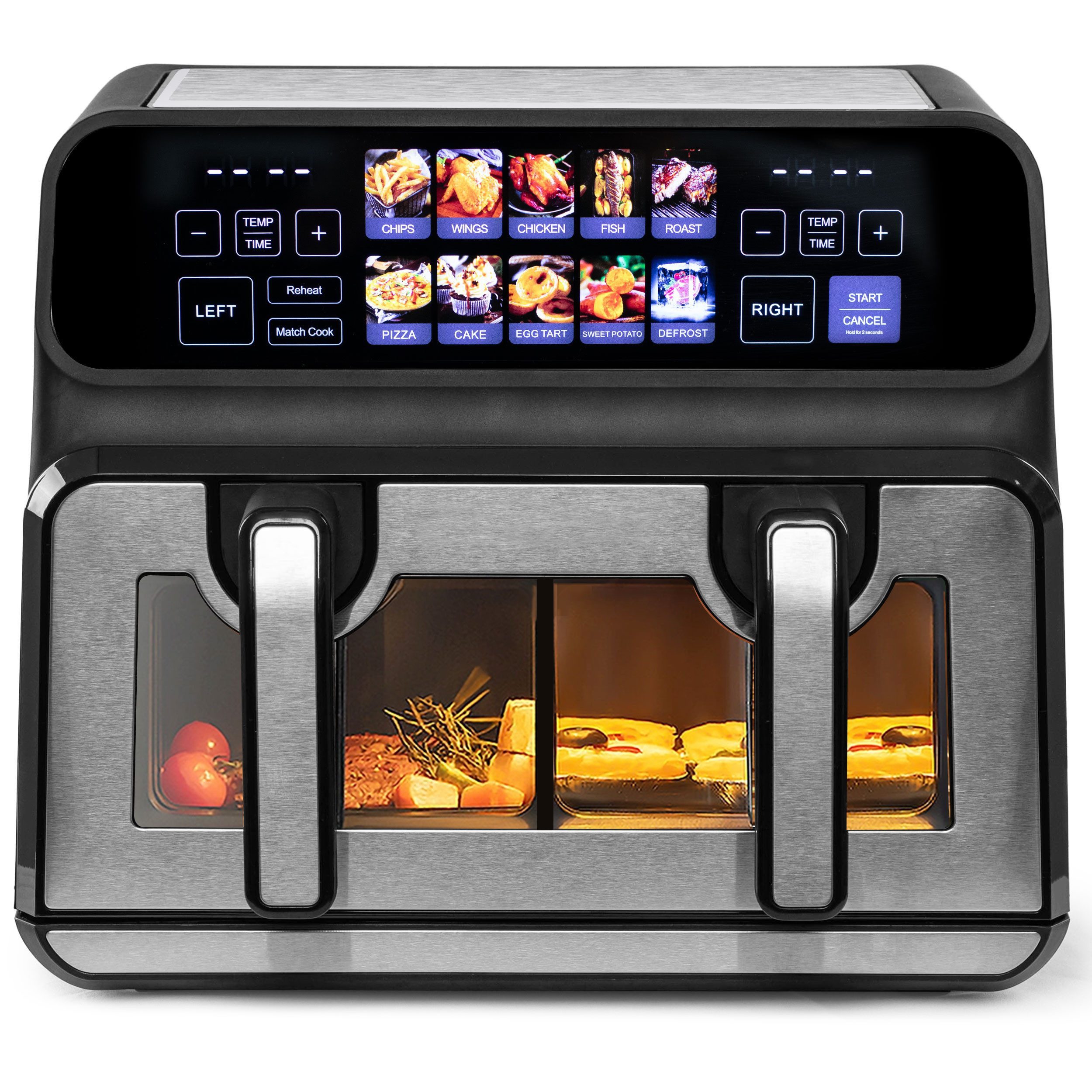 Sinaopus Heißluftfritteuse 2 Kammern, 9L Airfryer Doppelkammer Einkammer Verstellbar, 2200 W, Touch Display, Sichtfenster, Silber/Edelstahl, Doppelkammer