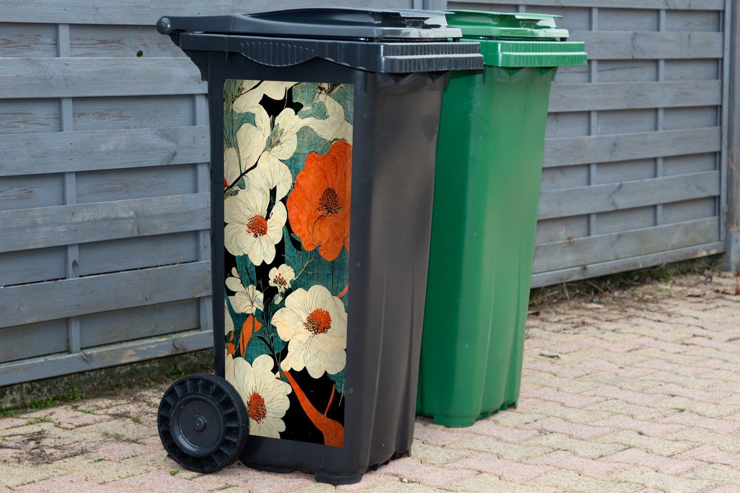 MuchoWow Wandsticker Blumen - Container, - Pflanzen Mülleimer-aufkleber, Vintage St), Mülltonne, - (1 Sticker, Abfalbehälter Orange - Asien