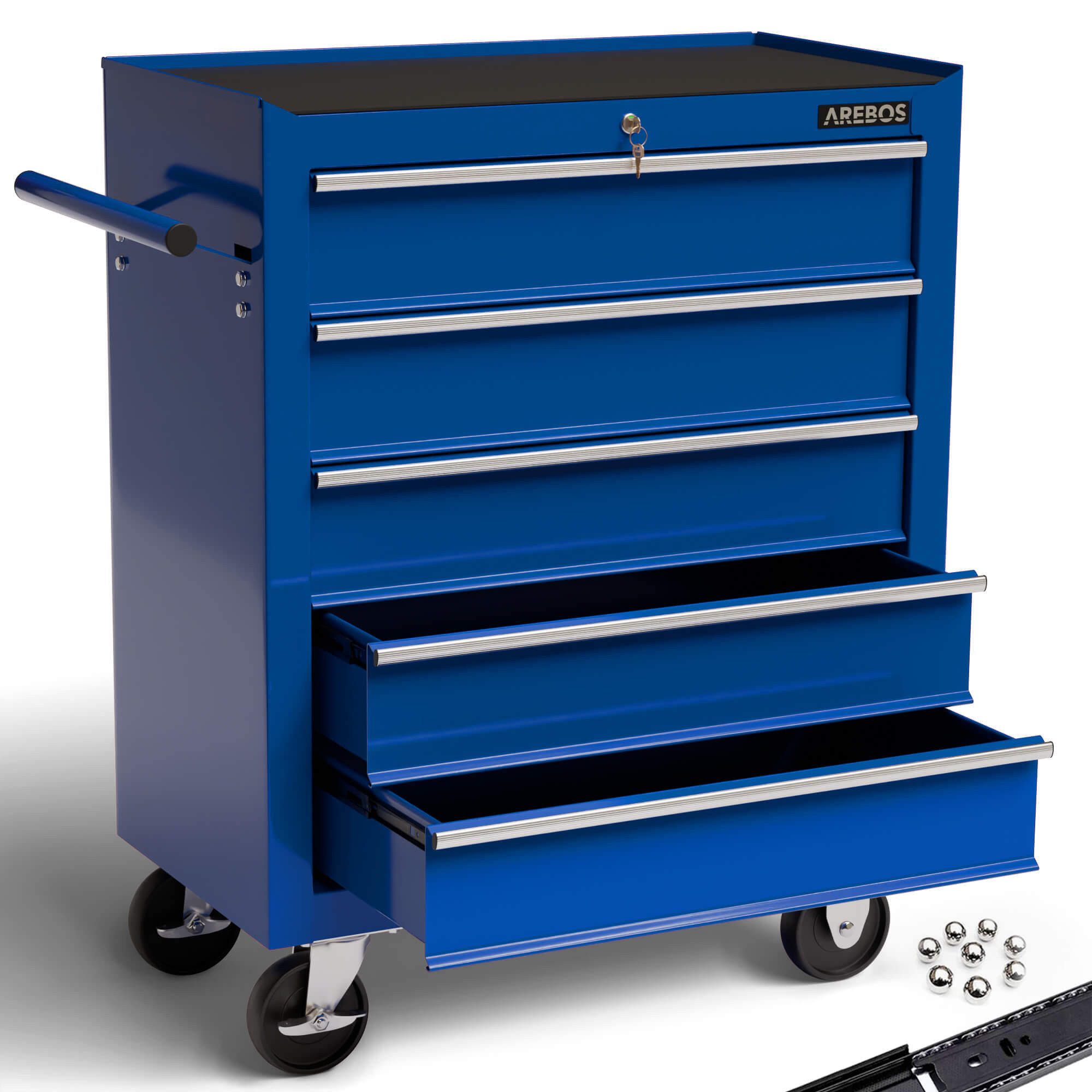 Arebos Werkstattwagen Werkstattwagen 5 Fächer, zentral abschließbar, blau, (Set, Werstattwagen 5 Schubladen blau)