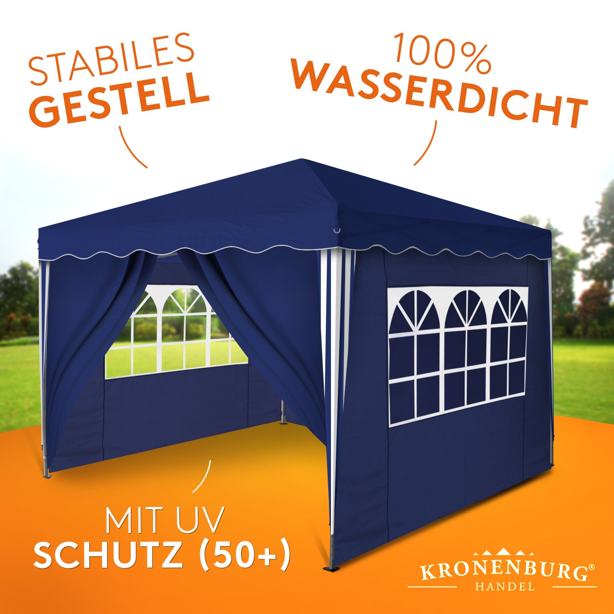 Kronenburg Faltpavillon 3x3 m wasserdicht - Gartenpavillon, Partyzelt stabil, UV-Schutz 50+, mit 4 Seitenteilen, Wetterfester Schutz, Leichter Aufbau, Inklusive – Bild 4 von 5