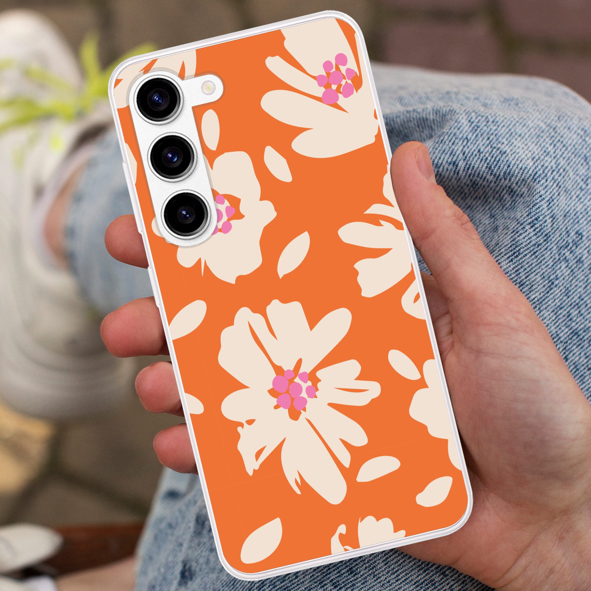 MuchoWow Handyhülle für Samsung Galaxy S23 Blumen - Orange - Beige - Rosa - Abstrakt, Phone Case, Silikon, Schutzhülle Dünn