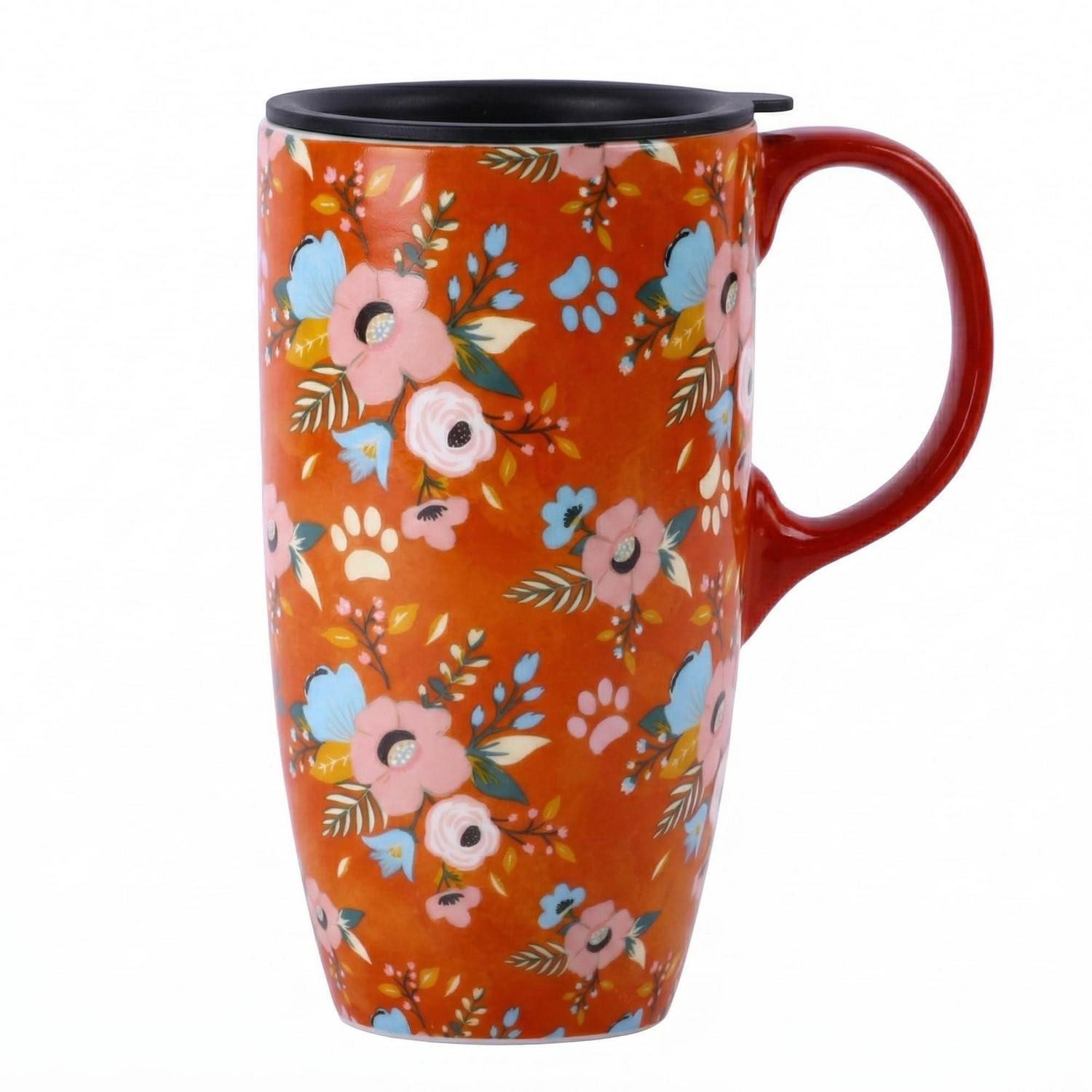LuxusKollektion Becher Keramikbecher 500ml Blumen Pfoten Orange, Keramik