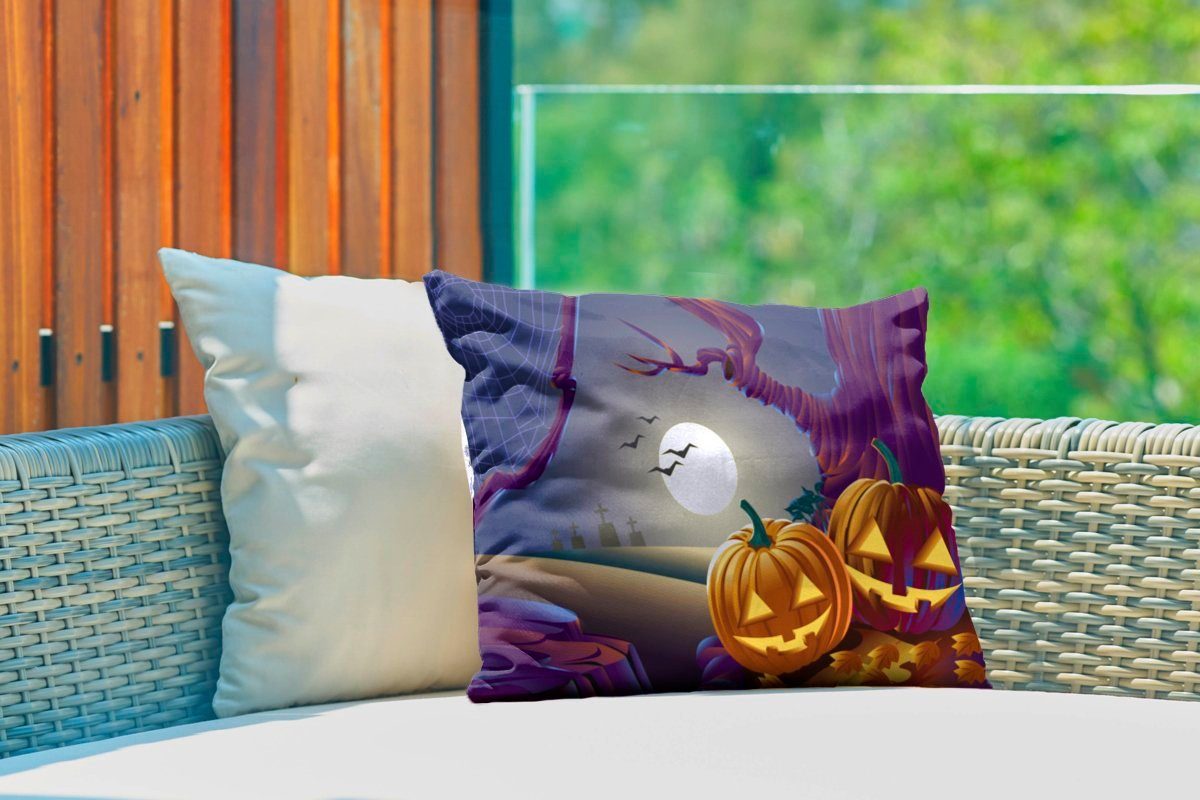 MuchoWow Dekokissen Illustration, Kürbisse in in Kissenhülle einer Halloween-Nacht Polyester, einer Outdoor-Dekorationskissen, Zwei Dekokissenbezug