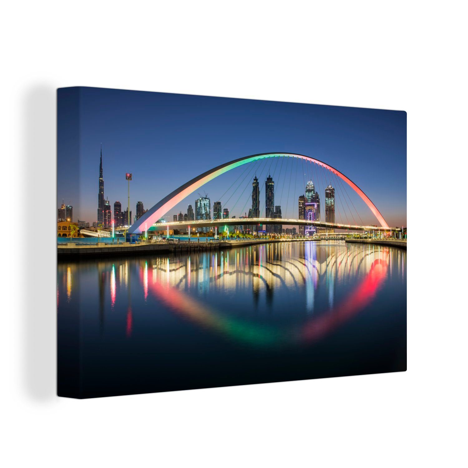 OneMillionCanvasses® Leinwandbild Eine schöne Regenbogenbrücke über dem Wasser in Dubai, (1 St), Wandbild Leinwandbilder, Aufhängefertig, Wanddeko, 30x20 cm