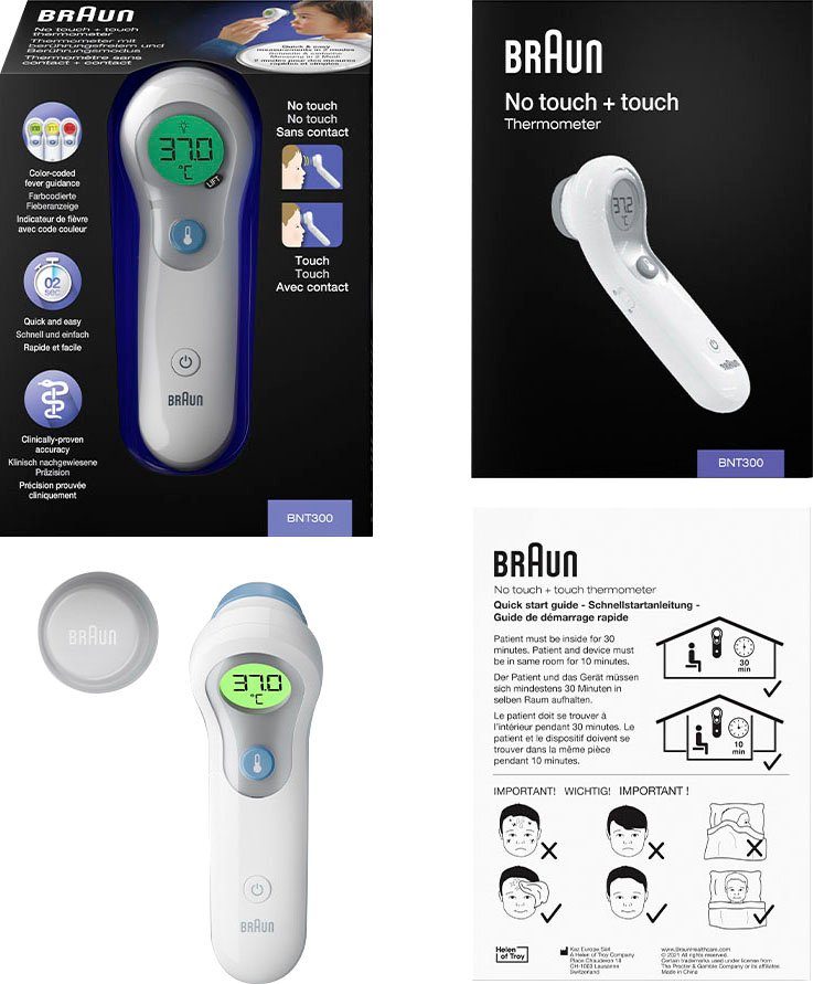 Braun Stirn-Fieberthermometer No touch + touch Stirnthermometer - BNT300,  Mit Position Check™ - Anleitung für genaue Messwerte