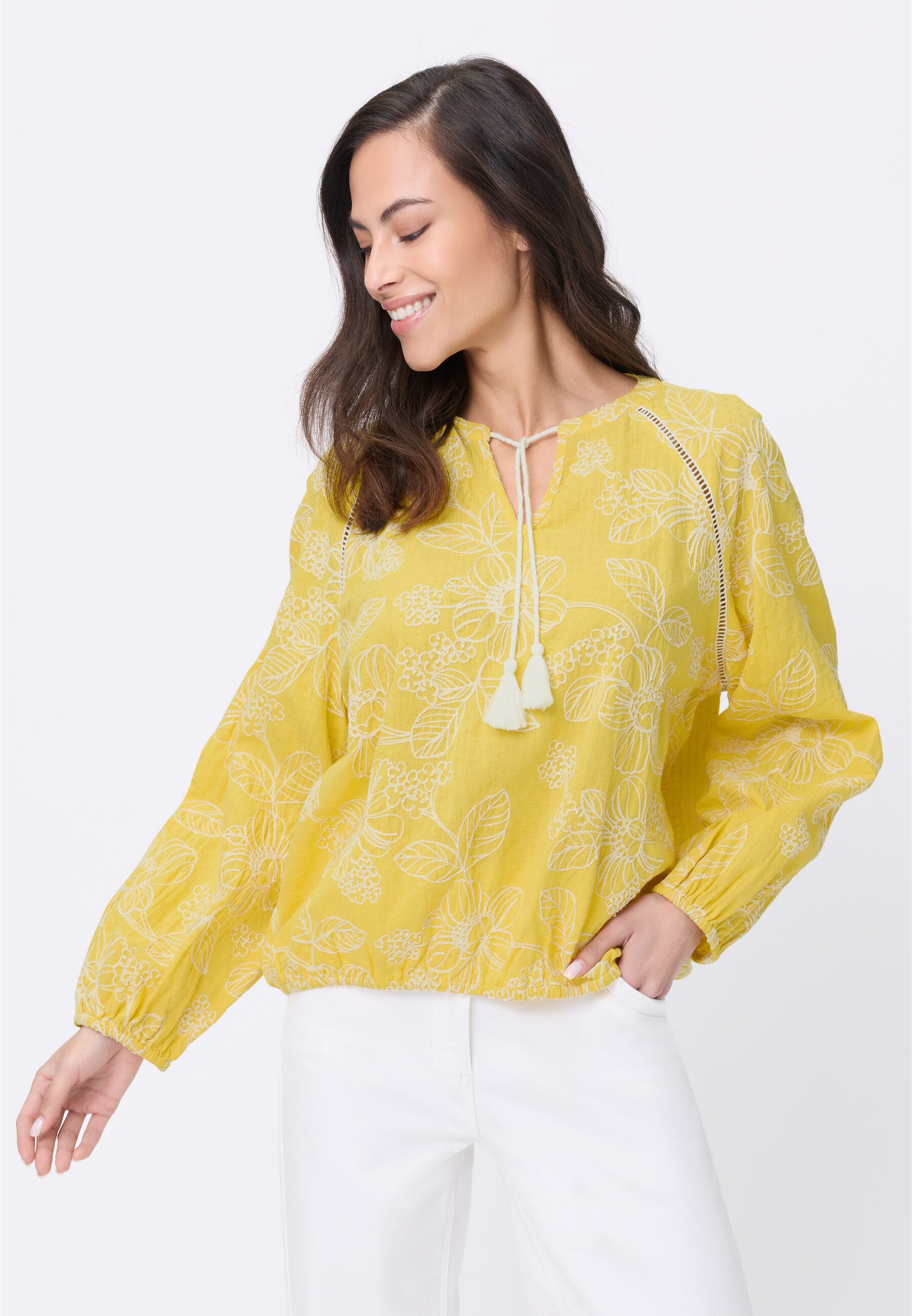 Olsen Hemdbluse Bluse mit Allover-Dessin und Tunika-Ausschnitt