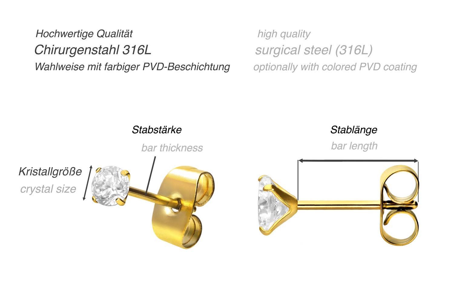 FILANGO Paar Ohrstecker Chirurgenstahl Ohrstecker EINGEFASSTER KRISTALL (Ohrstecker, 1-tlg)