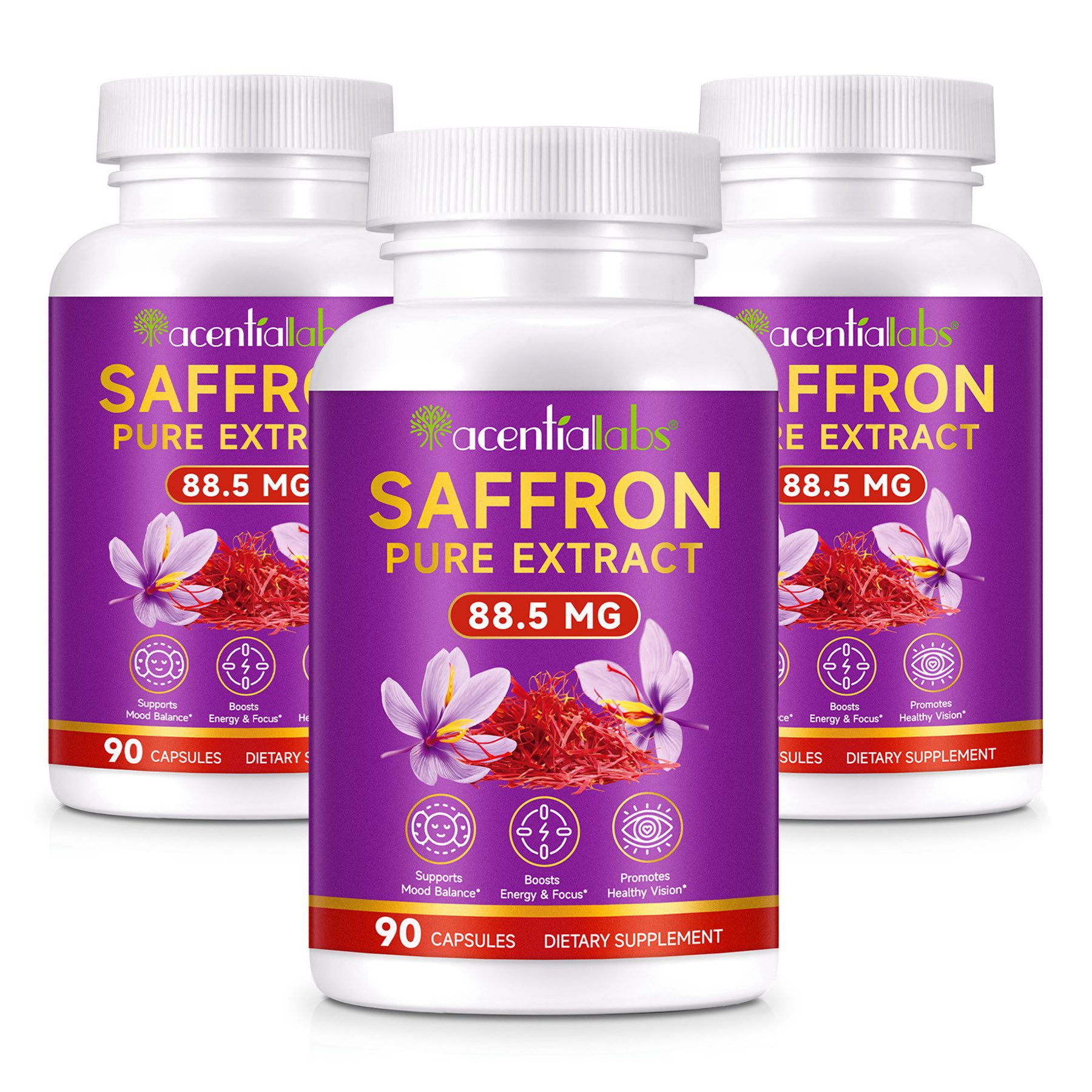 Acentiallabs Safran Saffron Pure Extrakt 88,5 mg mit Vit. B2 Hochdosiert Nahrungsergänzungsmittels, Softgels, Nahrungsergänzungsmittel
