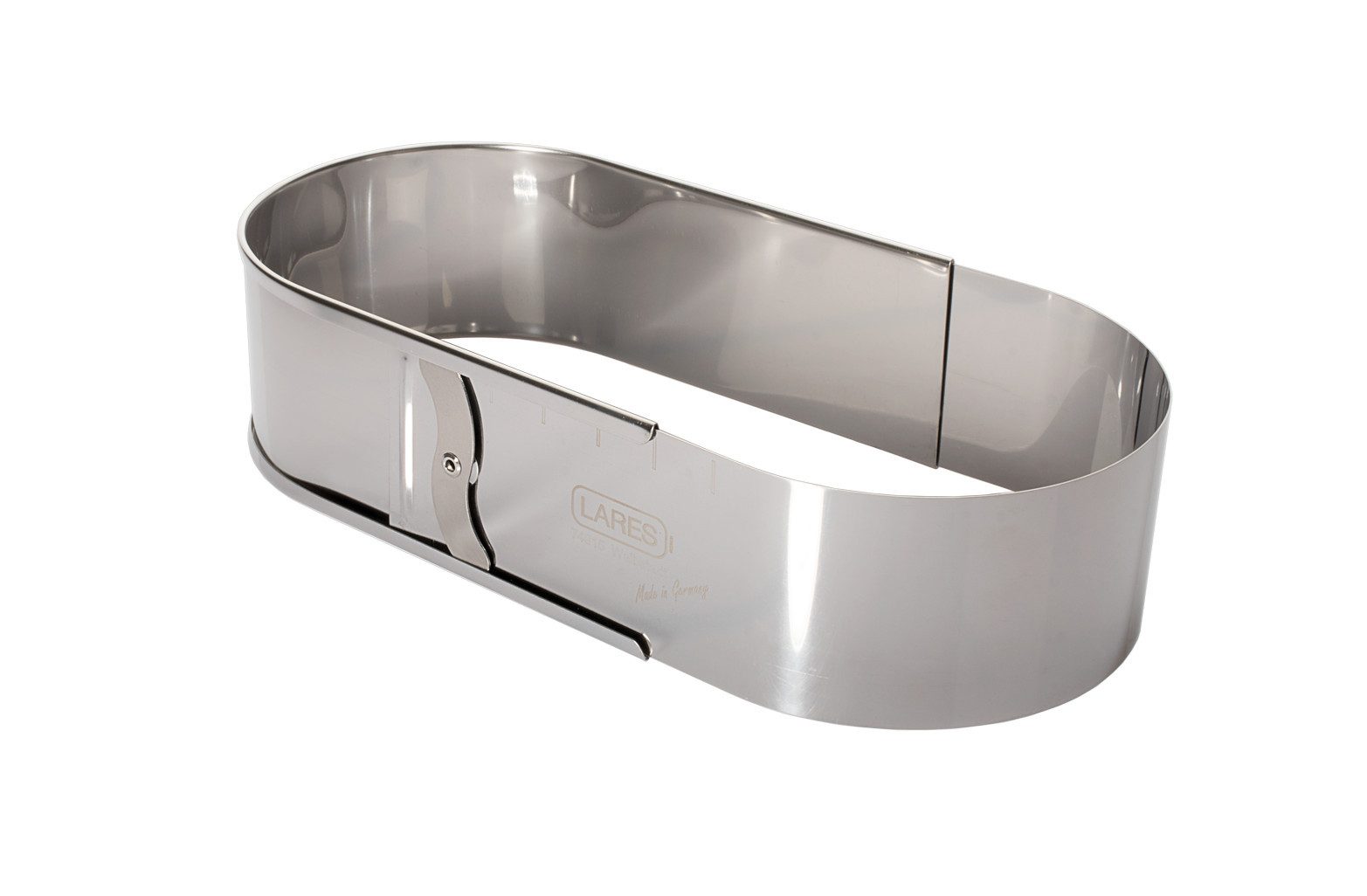LARES Backform ovaler Backrahmen - Groß mit Klemmung - 28-40x15x6,3cm - aus Edelstahl, zum Backen von leckeren Kuchen und vielem mehr - Made in Germany
