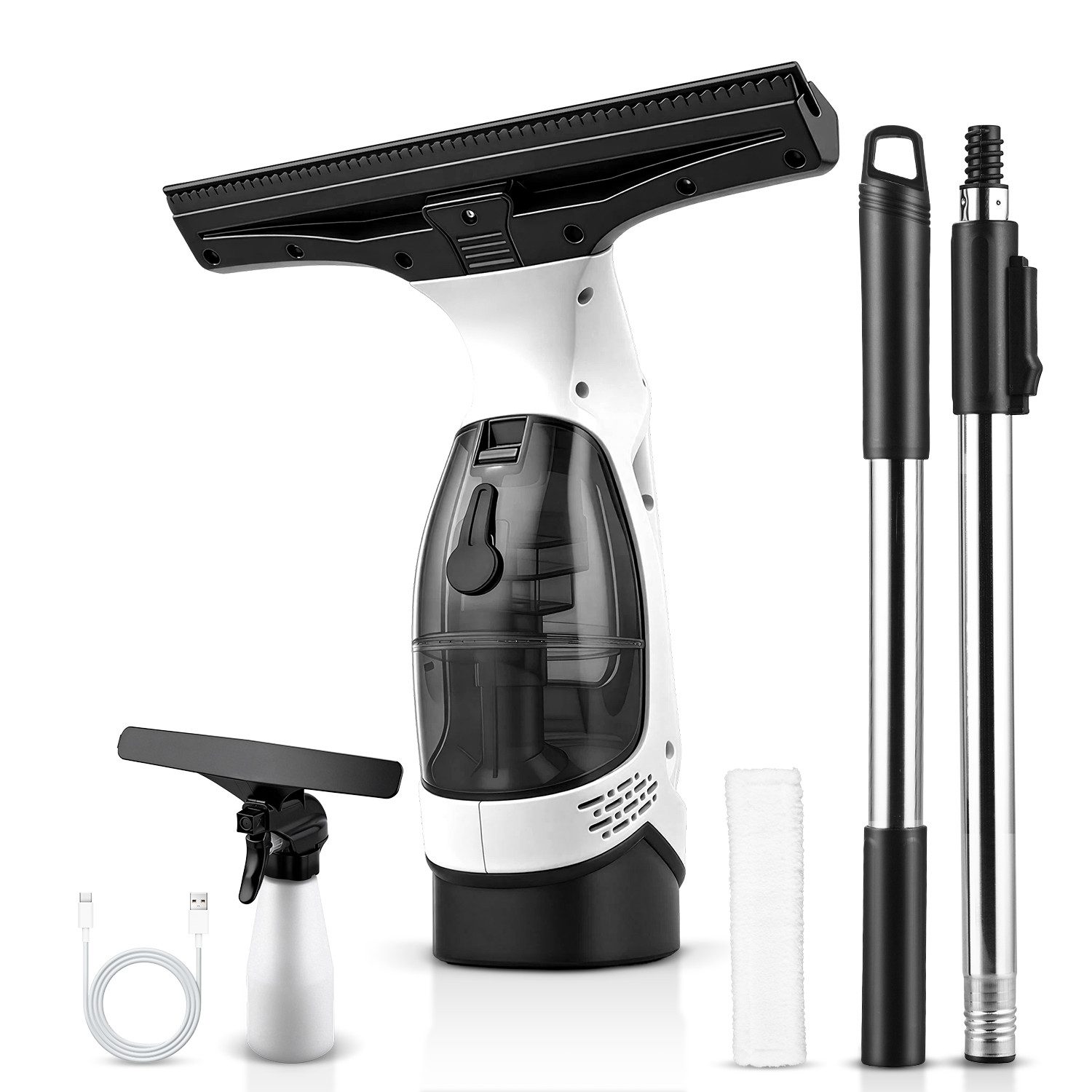 CkeyiN Akku-Fenstersauger Akku-Fensterreiniger mit 1 m verstellbarer Teleskopstange 2200mAh-Akku, Laufzeit 35 minuten 90 m² pro Ladung mit Gießkanne 1 Mikrofasertuch