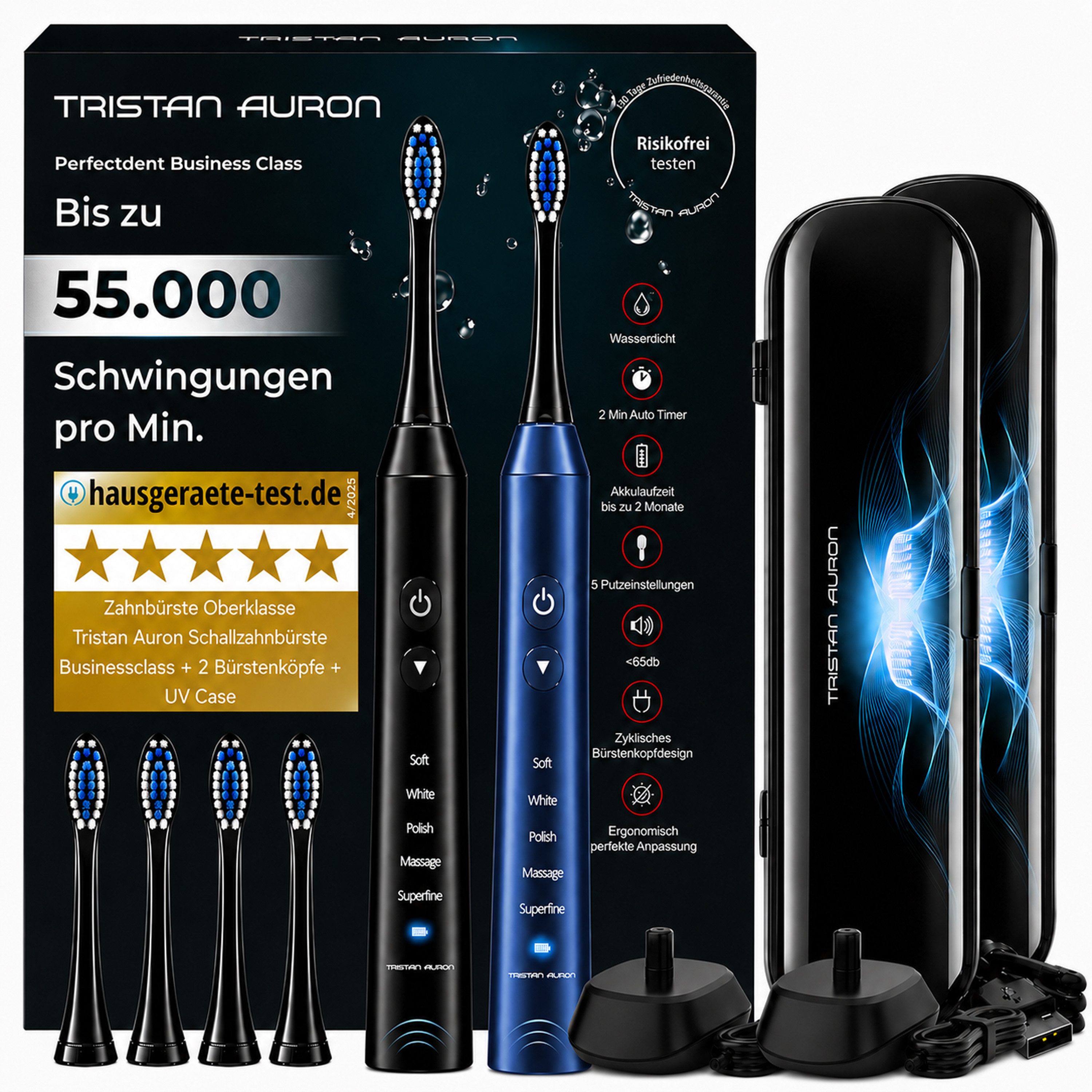 Tristan Auron Elektrische Zahnbürste Elektrische Zahnbürste Doppelpack + UV Reiseetui - 60 Tage Akku IPX7, Aufsteckbürsten: 4 St.