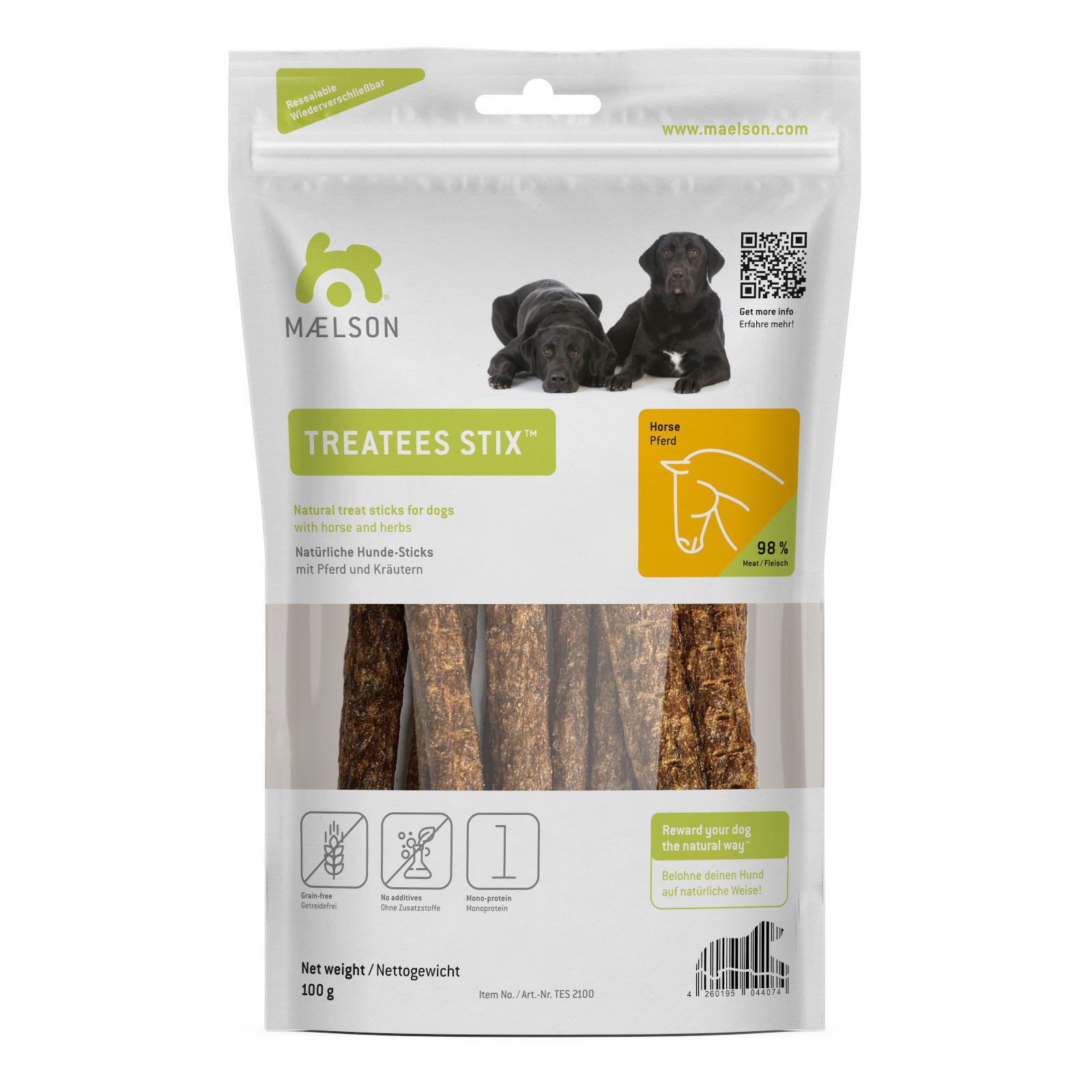 MAELSON Treatees Stix Pferd Hundesnack, 100 g, die gesunde Belohnung!, Snack für: Hund