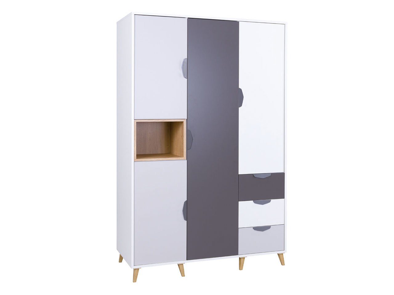 MIRJAN24 Kleiderschrank Joker 01 (4-Drehtüren und 3-Schubladen) mit Kleiderstange, Rollgleitschienen, Skandinavisch