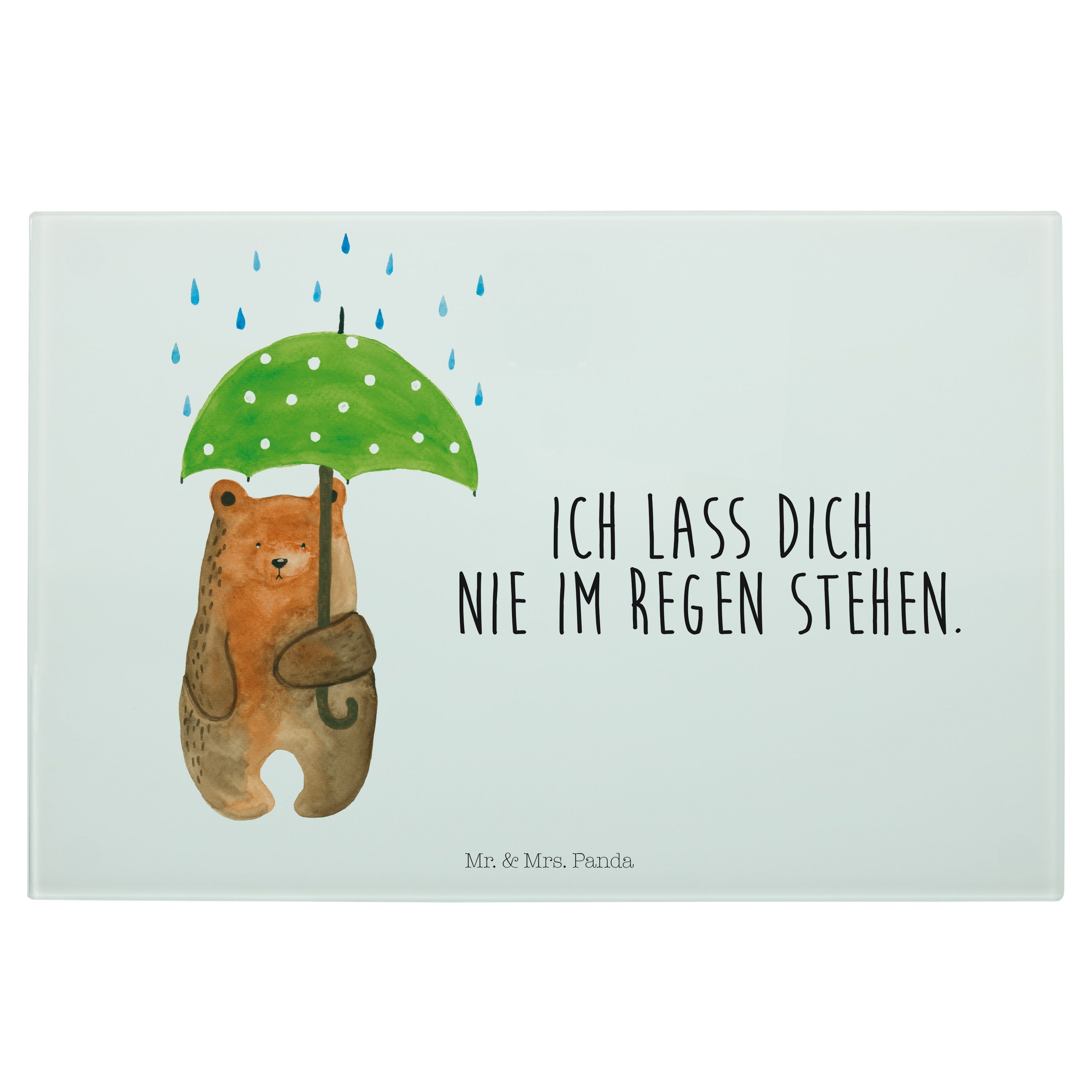 Mr. & Mrs. Panda Servierbrett Bär mit Regenschirm - Weiß - Geschenk, Teddybär, Schneidebrett, Liebe, Premium Glas, (1-St)